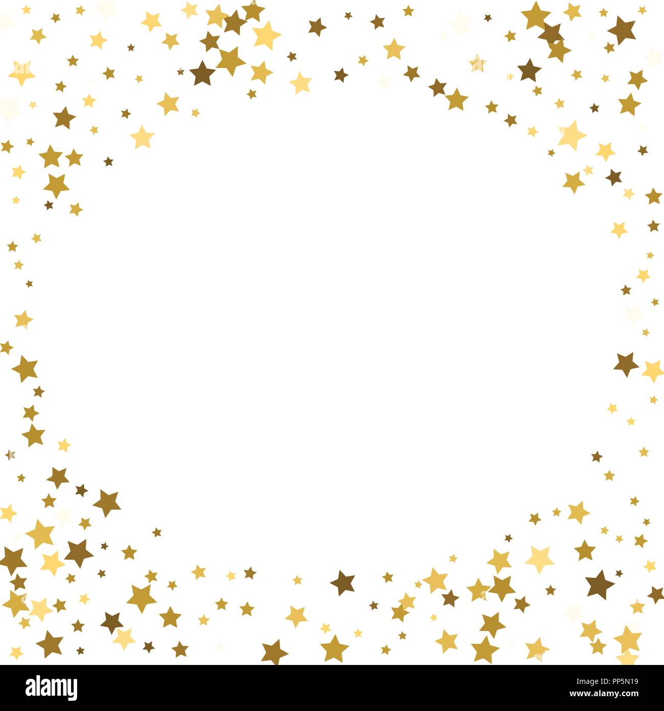 Or Ronde Cadre Ou Une Bordure De Dispersion Aleatoire Etoiles D Or Sur Fond Blanc L Element De Conception De Banniere De Fete Anniversaire Et Carte De Souhaits Carte Postale Image Vectorielle Stock
