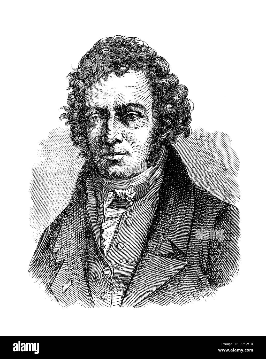 Gravure portrait d'André-Marie Ampère (1775-1836), physicien et mathématicien français fondateur de l'électrodynamique, inventeur et auctodidact. Banque D'Images