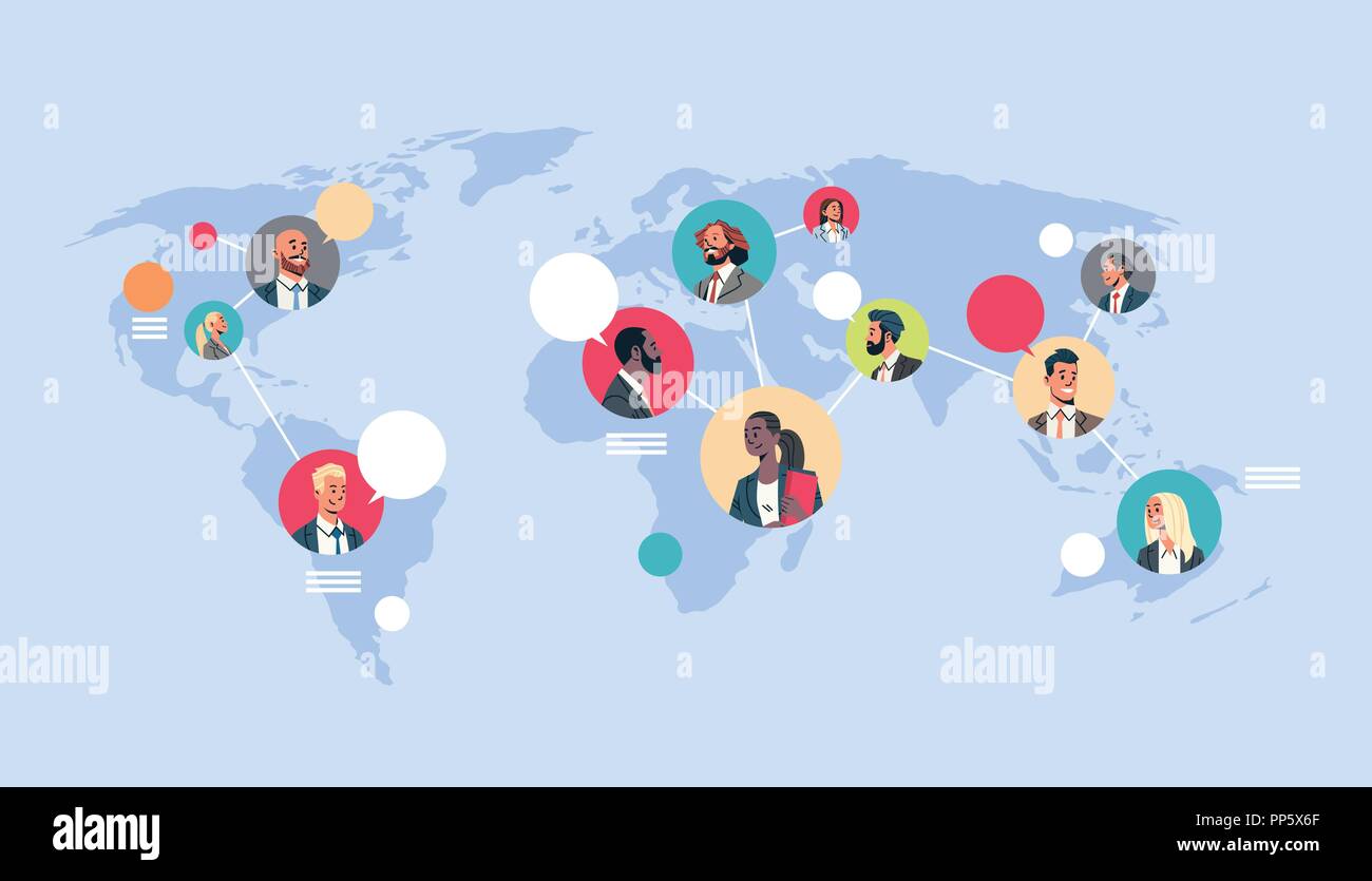 Carte Du Monde Reseau Des Bulles De Chat D Equipe De La Communication Concept Mix Connexion Avatar Race Homme Femme Fait Face A Une Television Personnage Horizontale Portrait Image Vectorielle Stock Alamy
