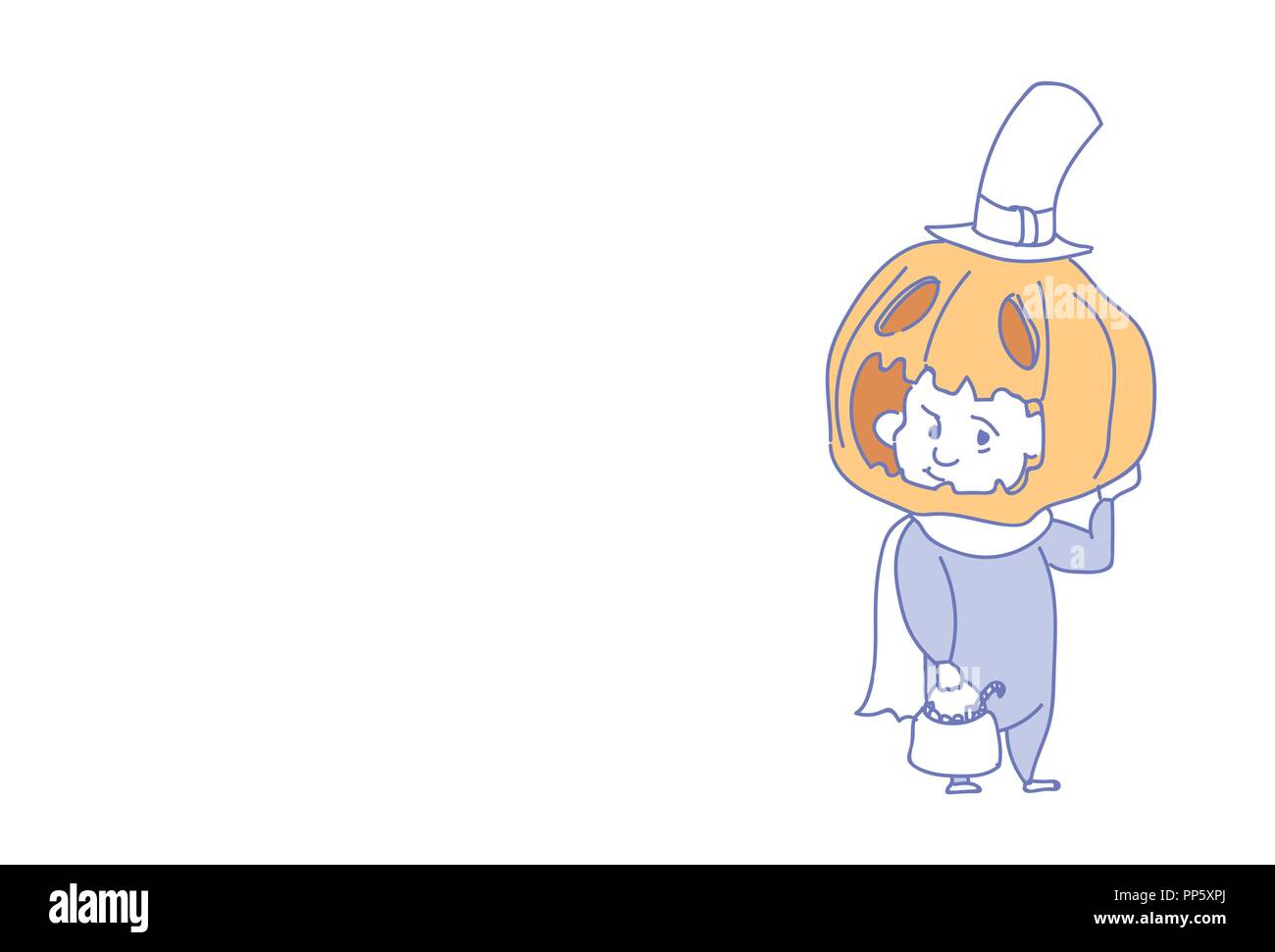 Cute boy porter le costume de l'épouvantail citrouille Halloween party concept doodle croquis célébration pleine longueur horizontale Illustration de Vecteur