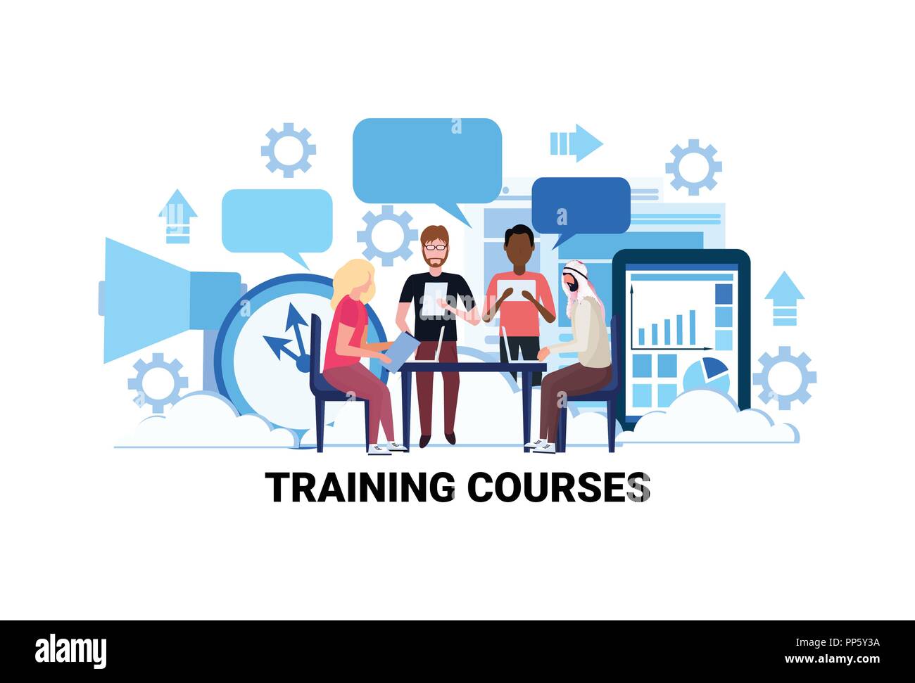 Mélanger la race qui étudient des cours de formation en ligne sur internet de personnes concept webinar hommes femmes personnage l'horizontale Illustration de Vecteur
