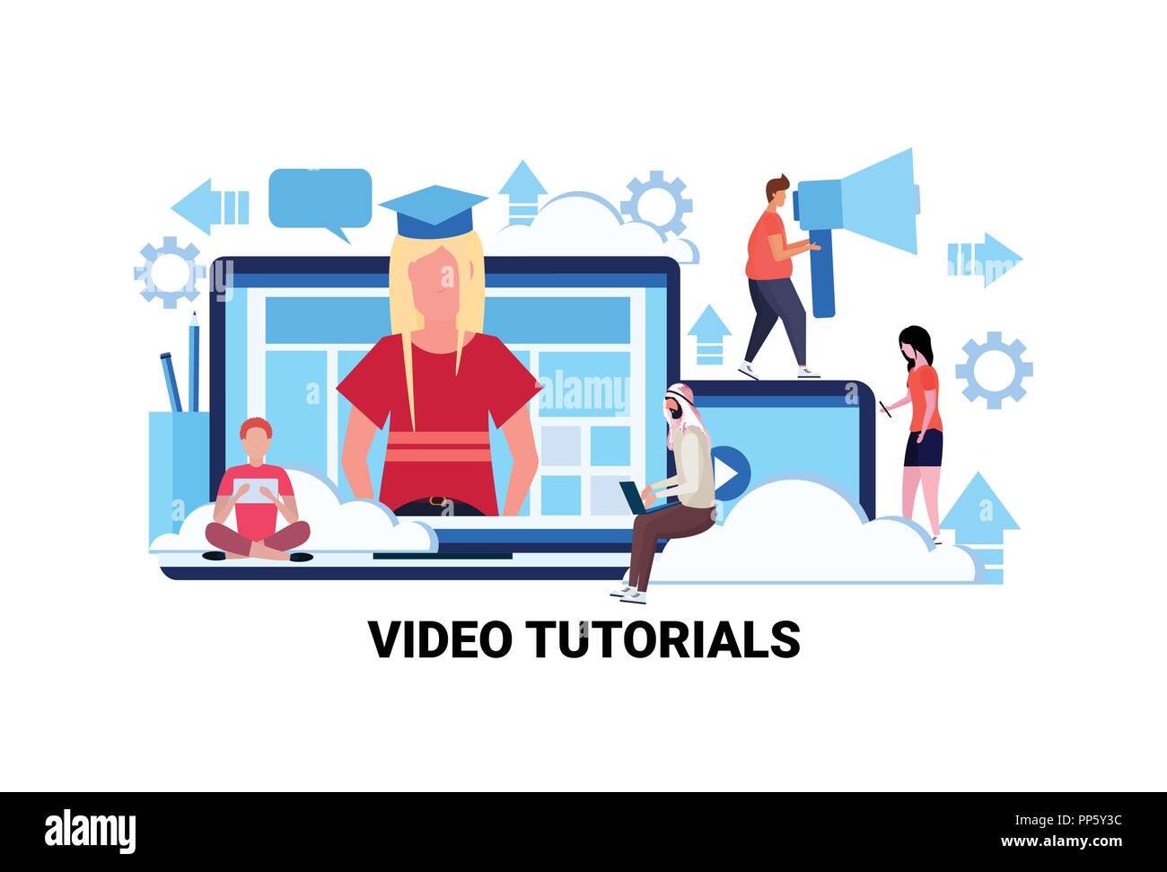 Mélanger la race qui étudient des cours de formation en ligne Tutoriel vidéo sur internet de personnes concept webinar hommes femmes personnage l'horizontale Illustration de Vecteur