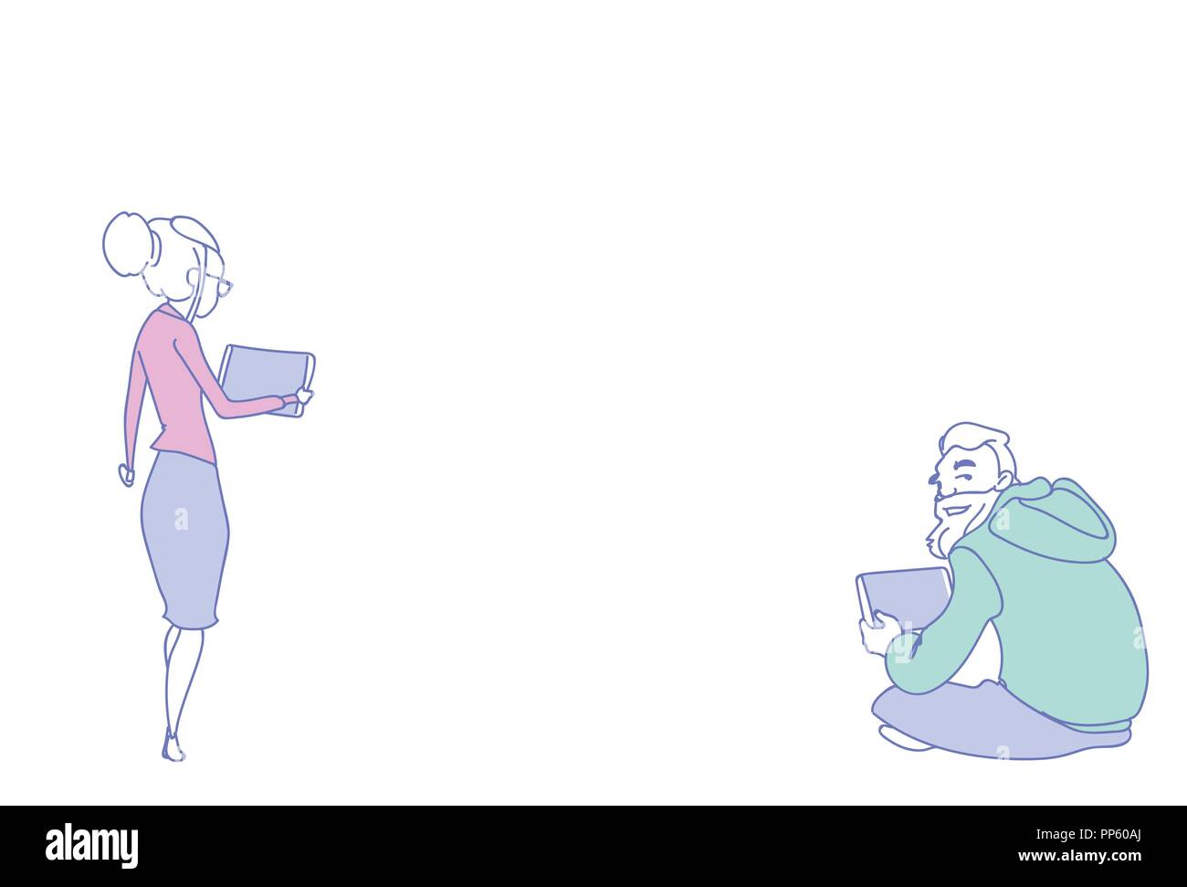 Casual couple using smartphone online chatting application internet personnes communication concept homme femme homme femme gadget holding vue arrière de caractère horizontal doodle croquis Illustration de Vecteur