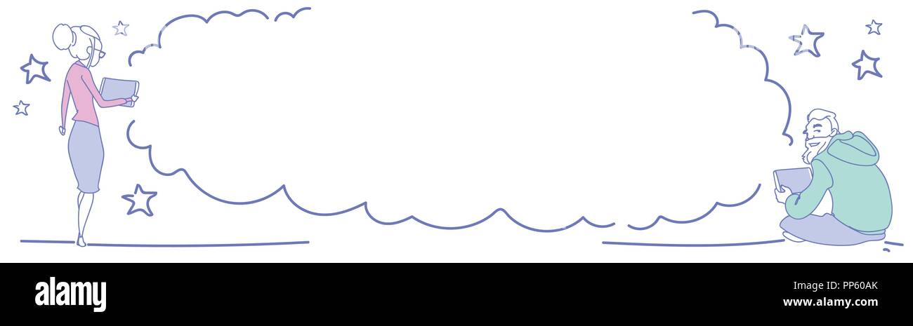 Couple en utilisant le clavardage smartphone internet personnes cloud communication concept homme femme homme femme rêve bulle chat vue arrière caractère doodle sketch bannière horizontale Illustration de Vecteur