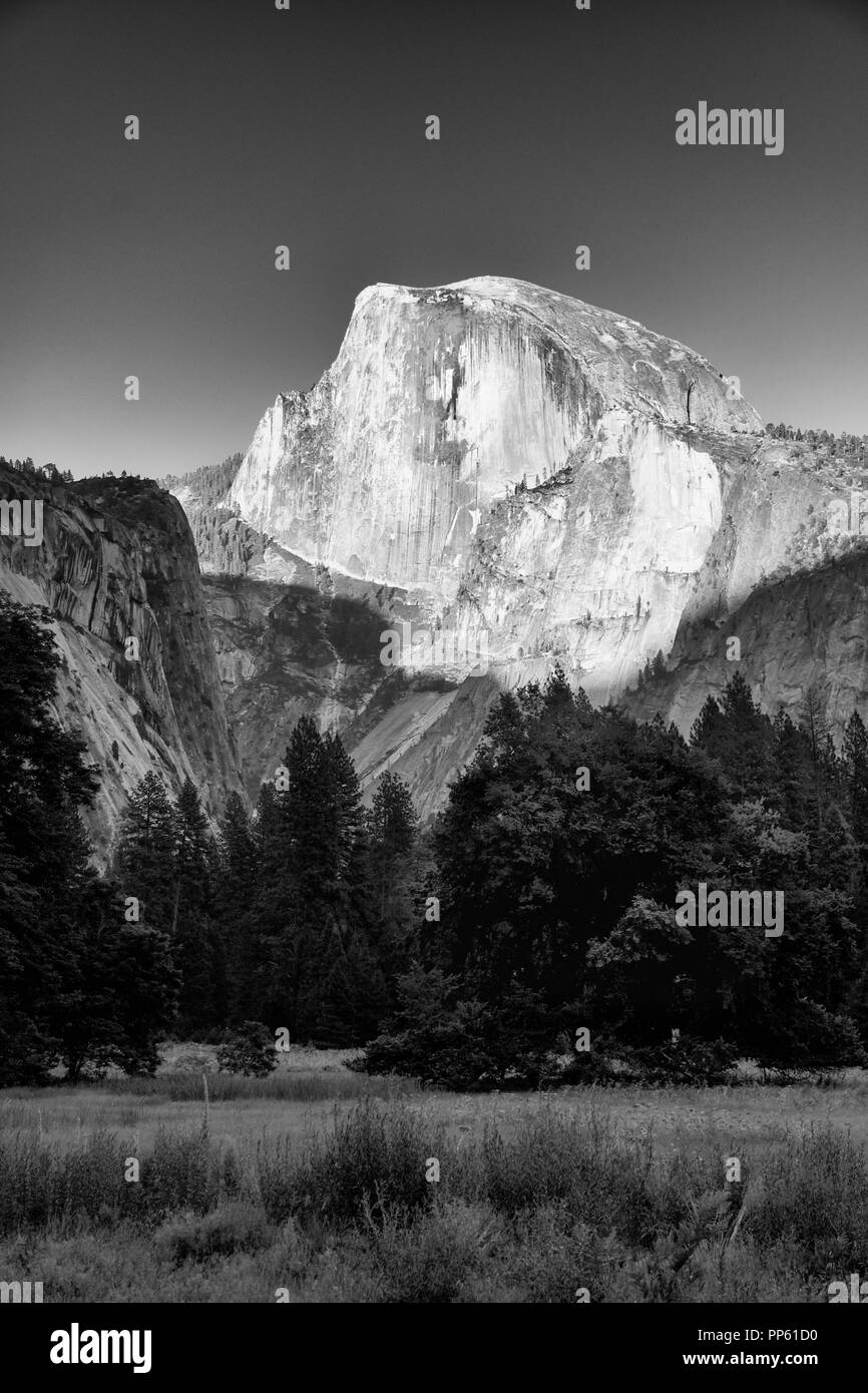 L'un des plus majestueux sommets du monde, demi-dôme, situé dans le Parc National de Yosemite est capturé ici au coucher du soleil à partir d'une prairie luxuriante. Banque D'Images