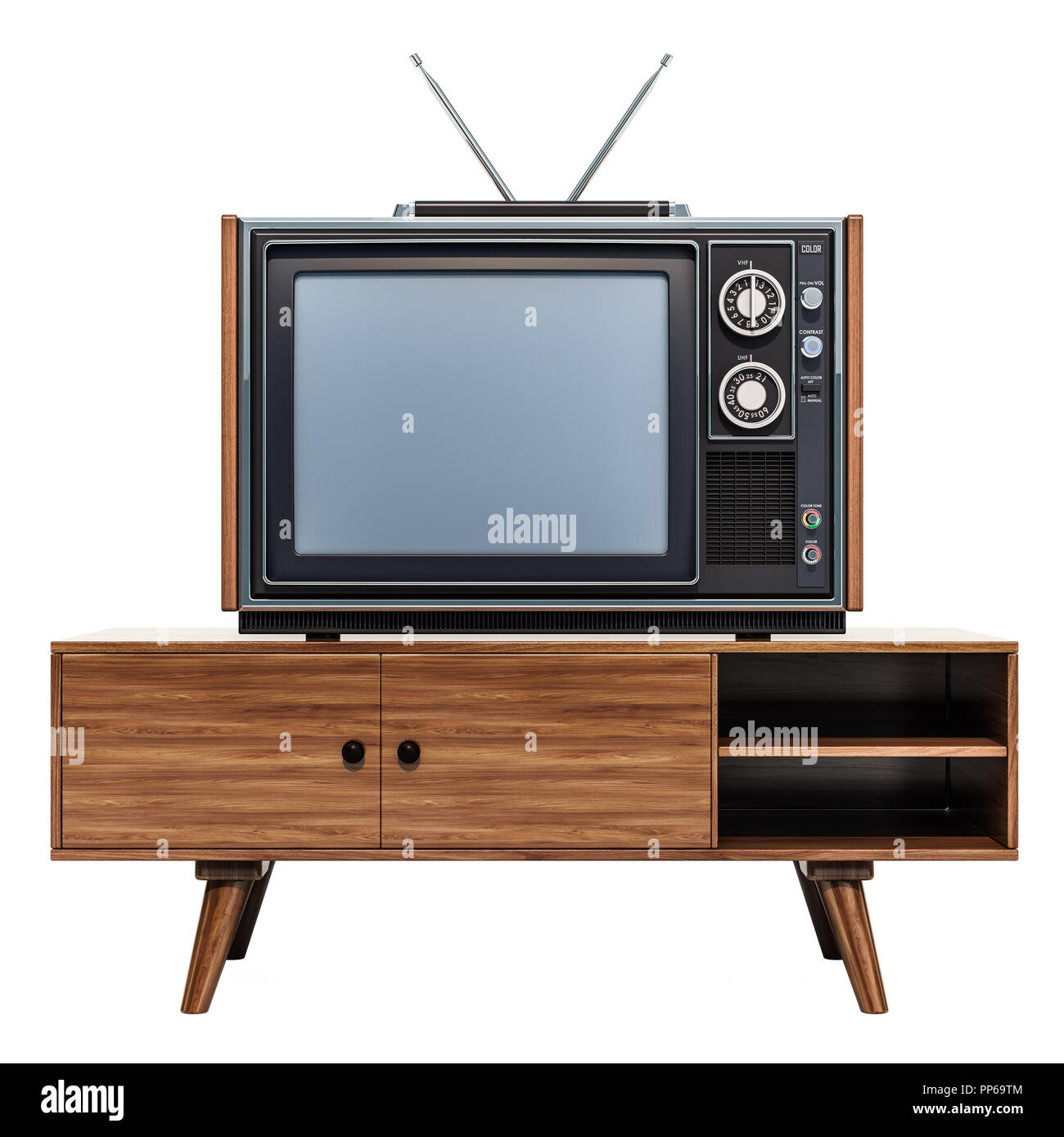 Retro TV sur le stand, rendu 3D isolé sur fond blanc Banque D'Images Retro TV sur le stand, rendu 3D isolé sur fond blanc Banque D'Images