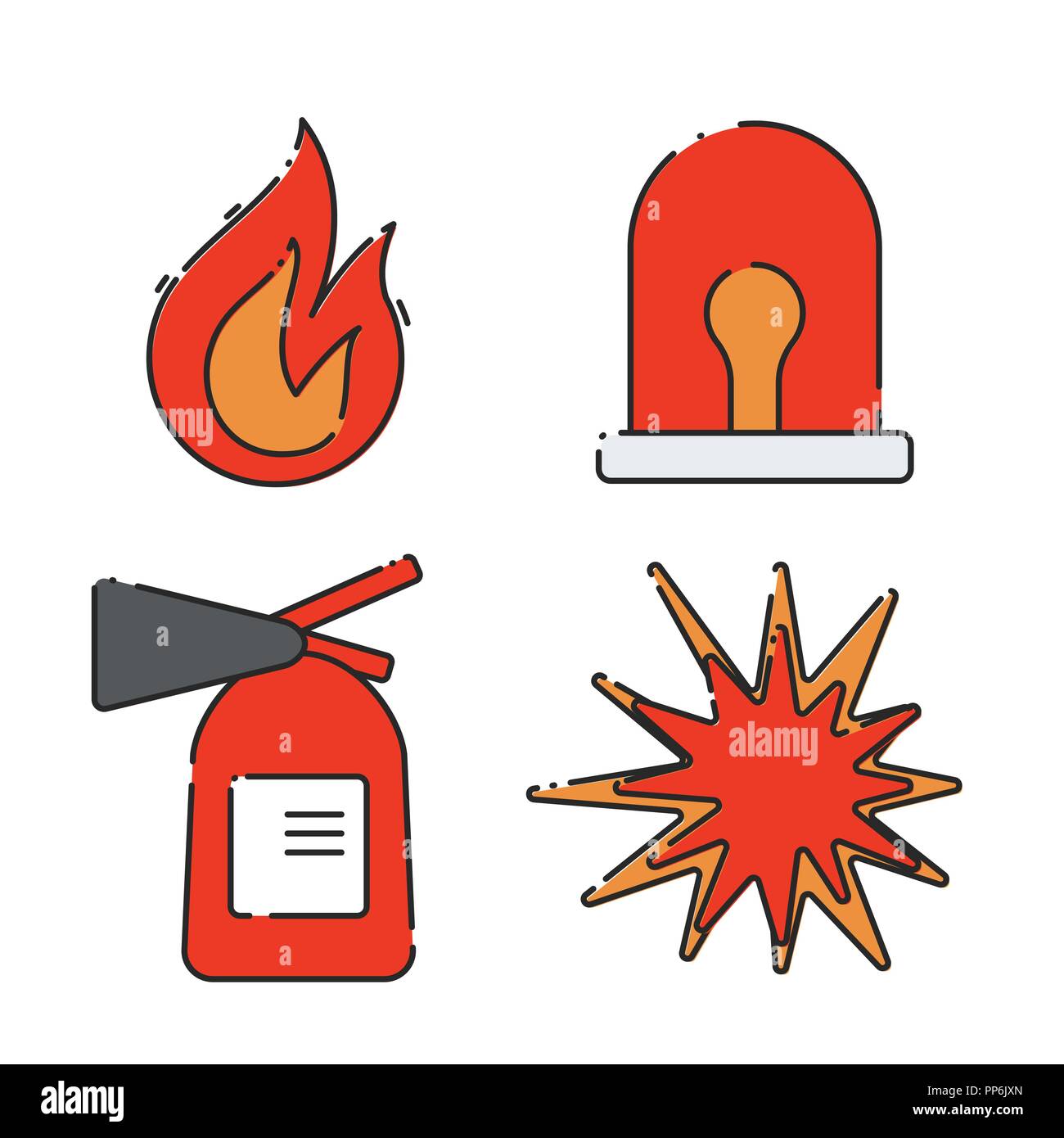 Une série de télévision d'icônes sur le thème de l'incendie. Explosion, incendie, extincteur et alarme. Vector illustration. Illustration de Vecteur