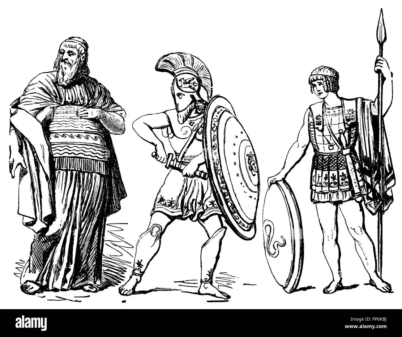 Les Grecs, à gauche : les prêtres de Dionysos, au milieu et à droite : guerriers, anonym 1896 Banque D'Images