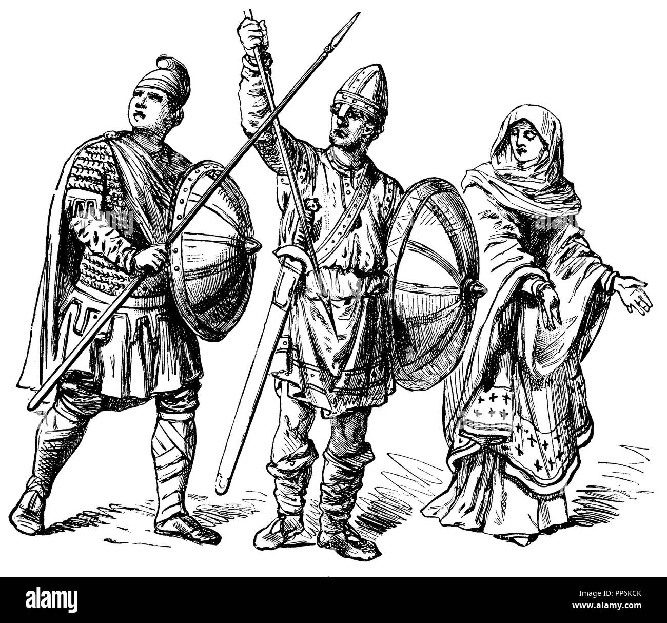 Les Anglo-Saxons, à gauche et au centre : guerriers, droite : femme noble, anonym 1896 Banque D'Images