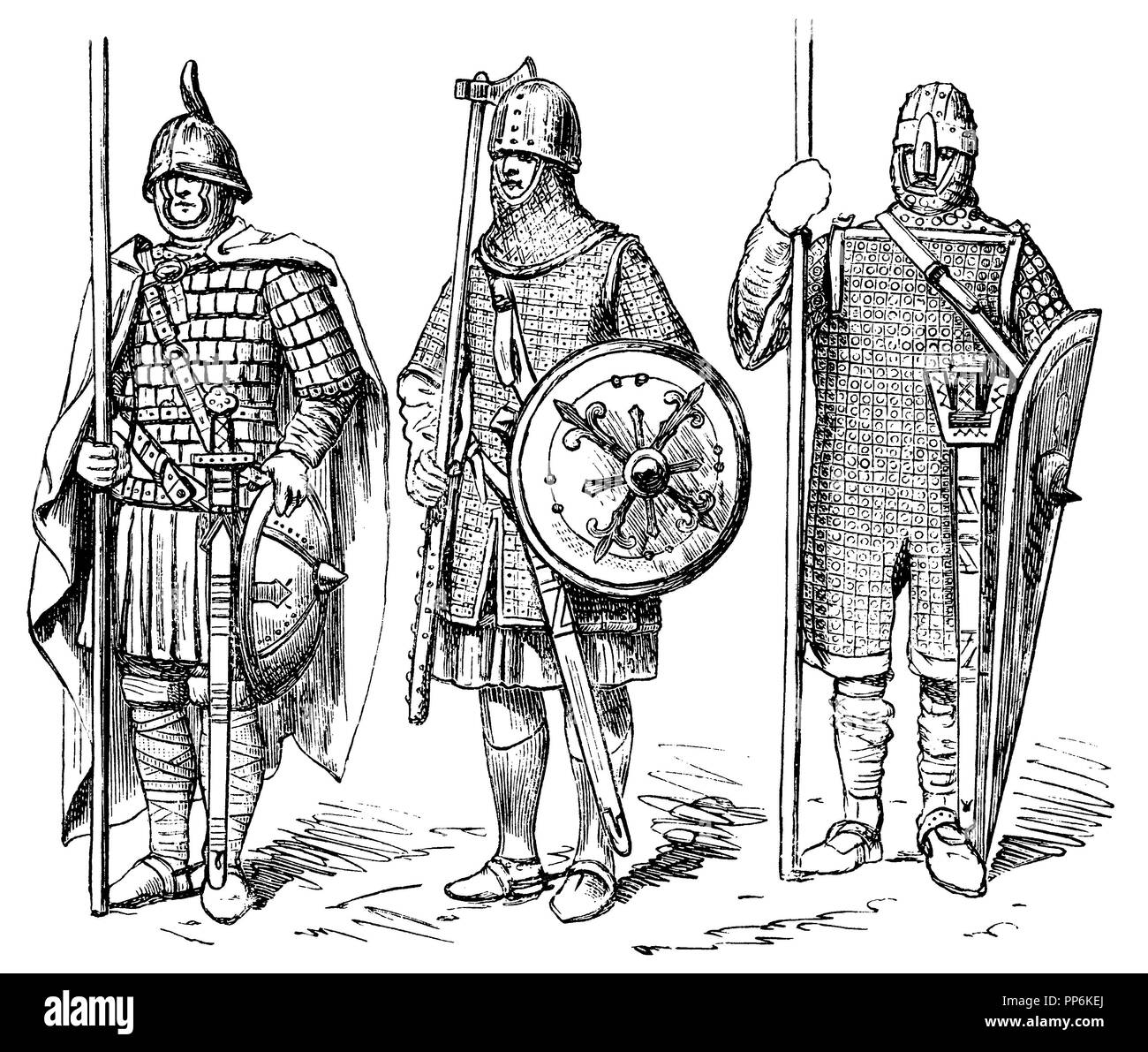 Costume de guerre du Moyen Age, à gauche : 9ème siècle, au centre : 10e siècle, a droite : 11e siècle, l'anonym 1896 Banque D'Images