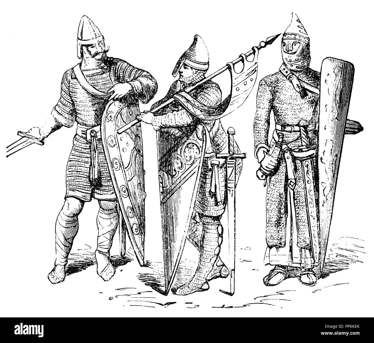 Costume de guerre du Moyen Age, à gauche et au centre : 11e siècle, 12e siècle, à droite : anonym 1896 Banque D'Images