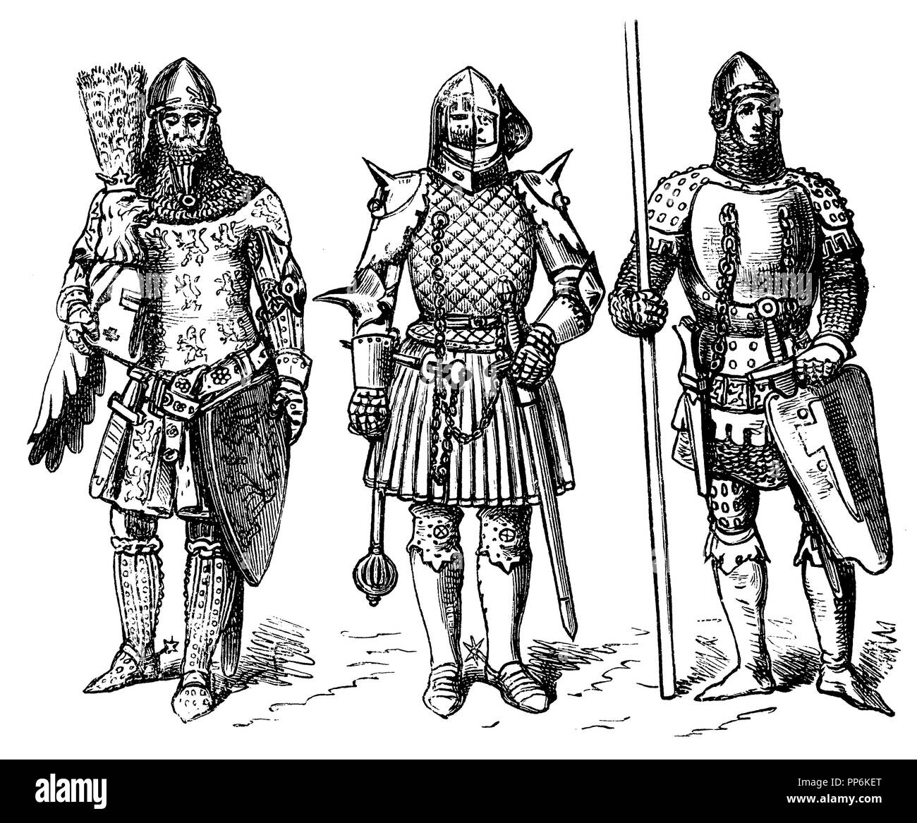 Costume de guerre du Moyen Age, à gauche : Günther von Schwarzbourg (mort en 1349), moyenne : la France, l'heure de Jean le Bon (1350-1364), à droite : l'Allemagne (1350-1400), anonym 1896 Banque D'Images
