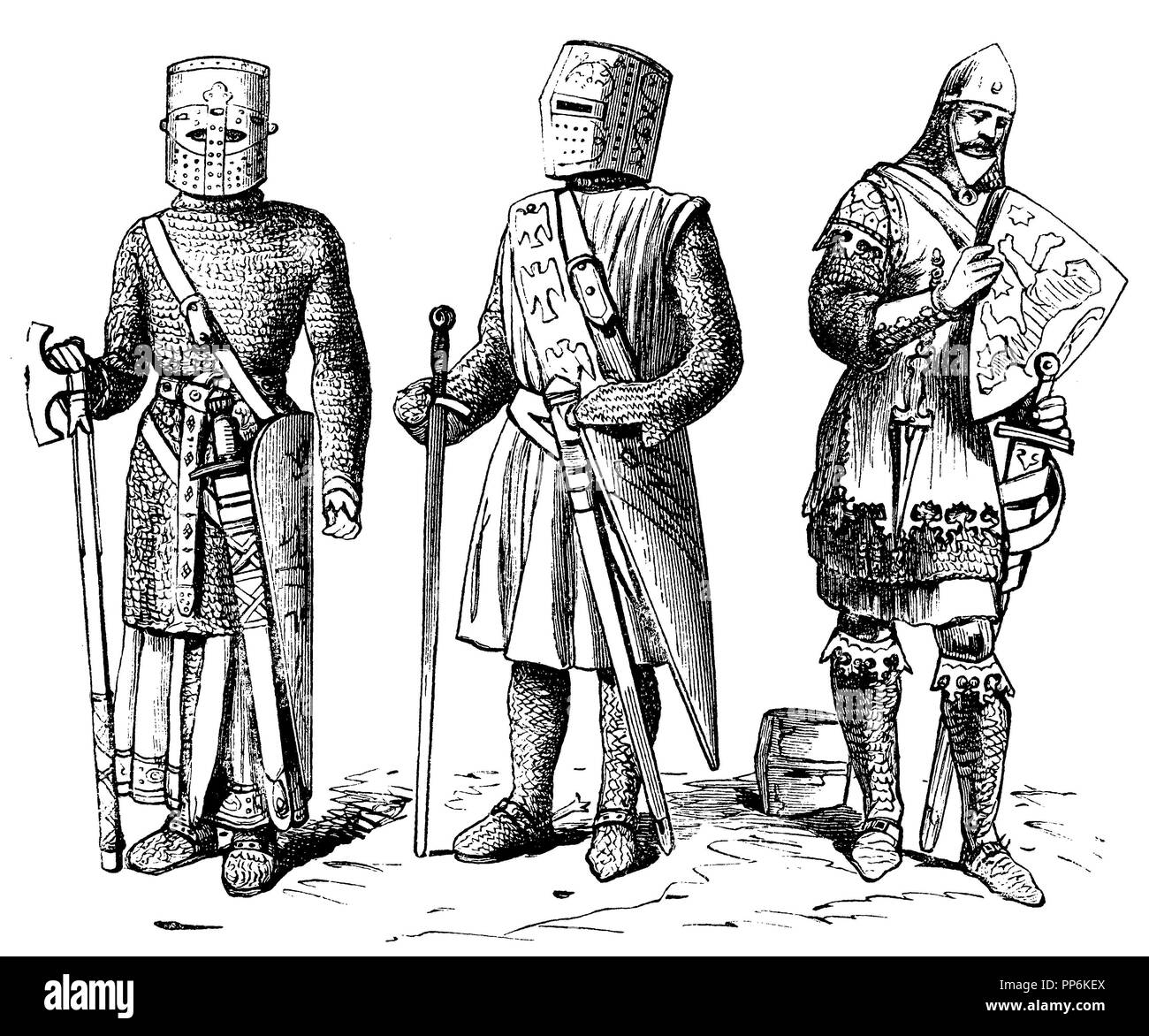 Costume de guerre du Moyen Age, à gauche : fin du 12ème siècle, au milieu et à droite : 13e siècle, l'anonym 1896 Banque D'Images