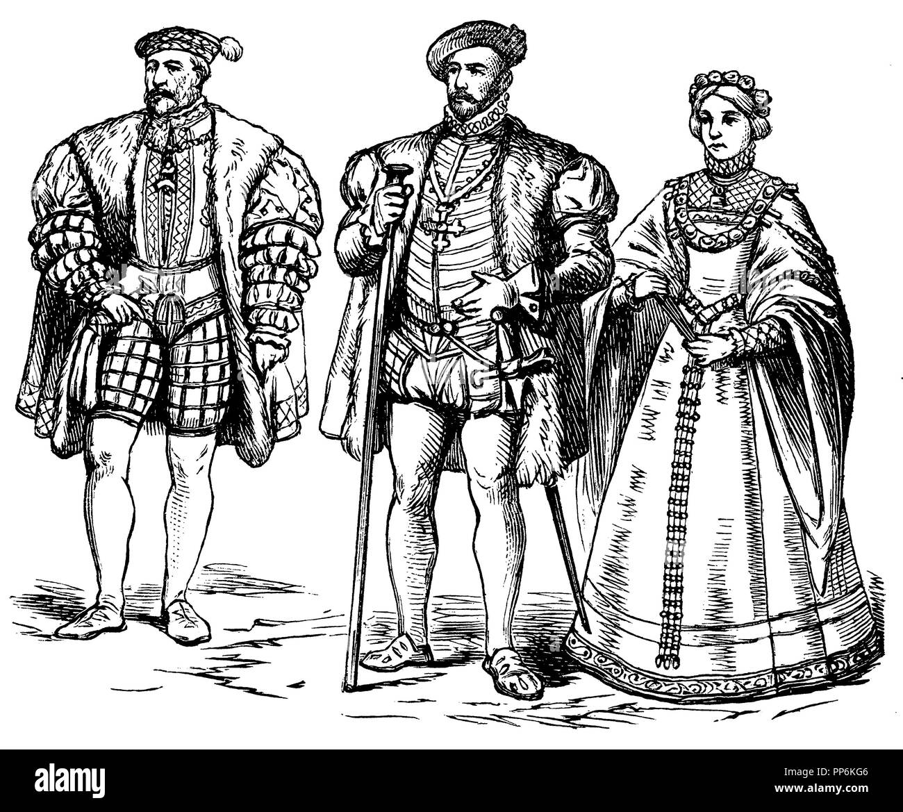 Costume espagnol (1550-1600)), l'Espagne, depuis 1522, à gauche : Charles V (règne 1516-1556), moyenne : Don Juan d'Autriche (ch. 1570), à droite : Maria de Portugal, première abbaye cistercienne Philippe II (décédé 1545), anonym 1896 Banque D'Images