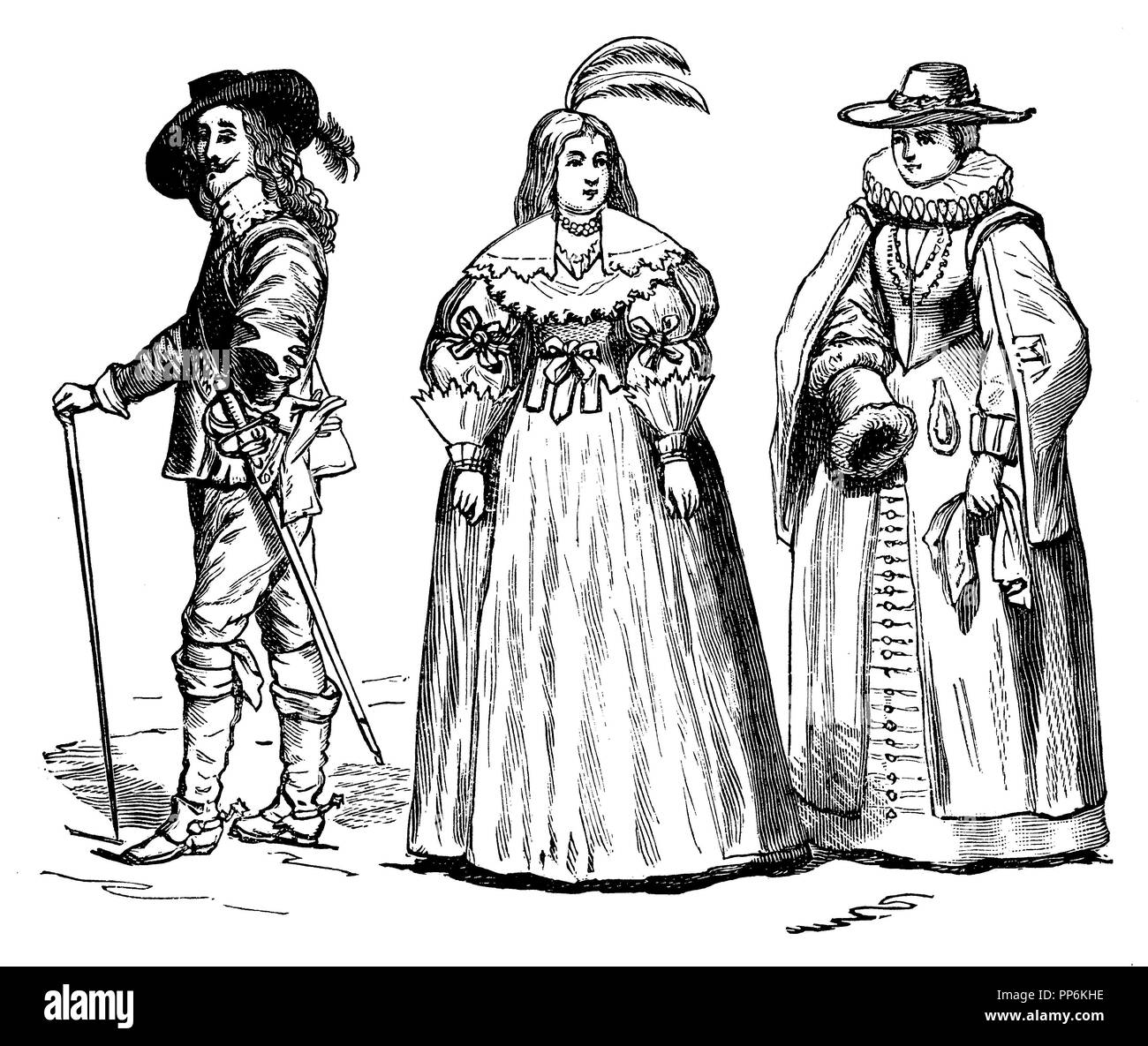 Âge de la guerre de 30 ans (1600-1650), gauche : Charles I, D'après van Dyck, 30s, au centre : Dame en ball toilettes, Holland 1630-1660, a droite : Dame sur la route, la Hollande 1630-1660, anonym 1896 Banque D'Images