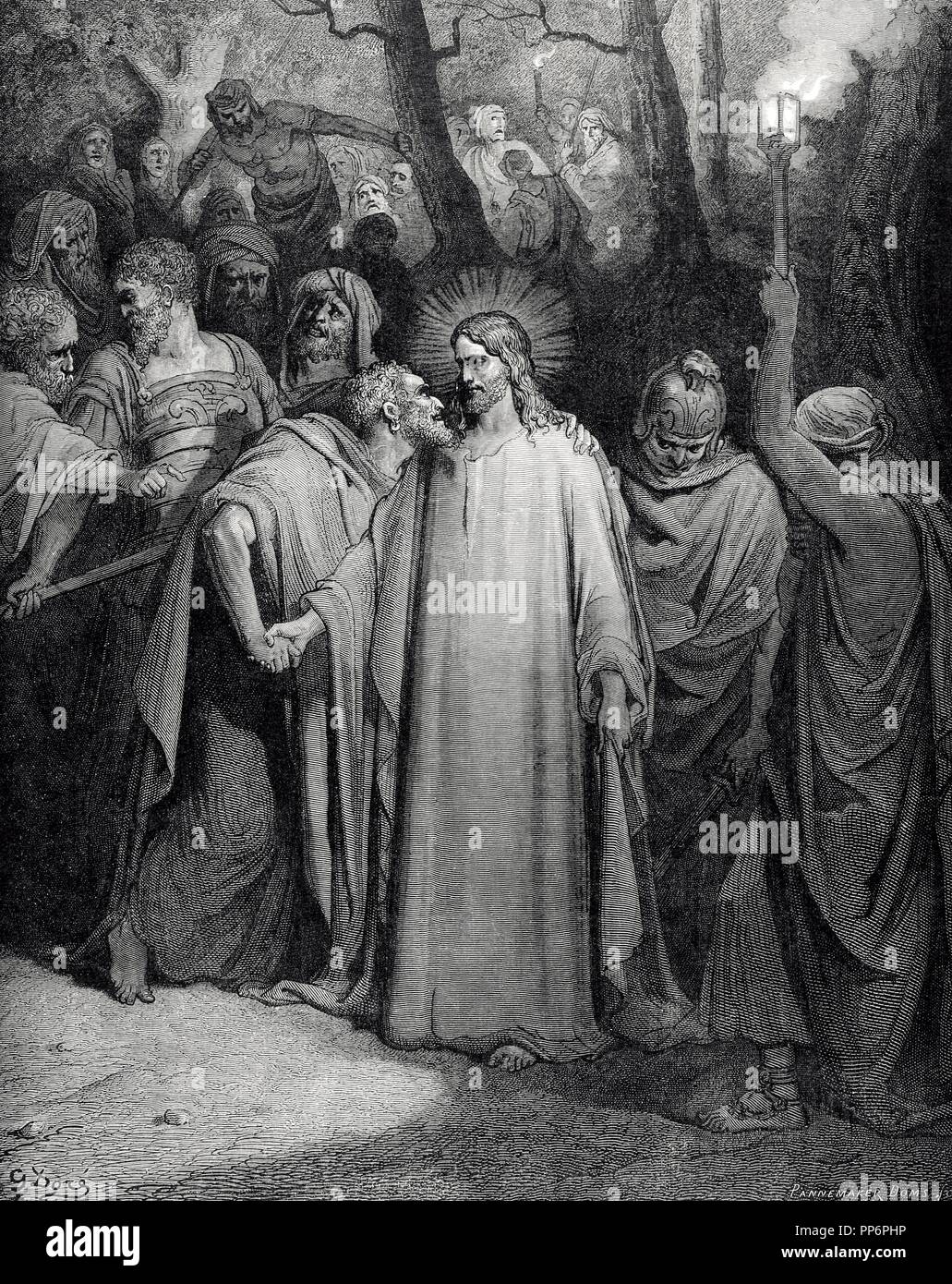 Judas Iscariot. L'un des douze apôtres de Jésus Christ.'Le baiser de Judas Jésus afin de le trahir à la garde. La Sainte Bible. Gravure de Gustave Dore. 1866. Banque D'Images