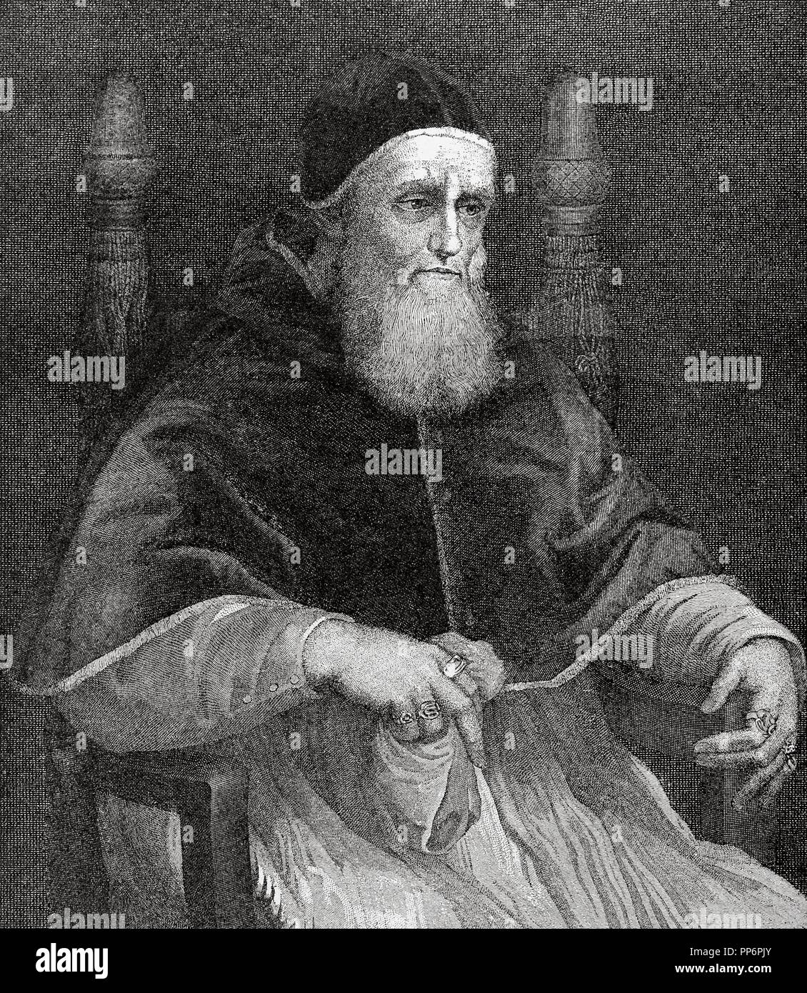 Jules II (1443Ð1513), surnommé 'Le Redoutable' et 'Le Pape Pape guerrier', né Giuliano della Rovere. Pape de 1503 à 1513. Gravure en couleur. Historia 'universel', 1885. Banque D'Images