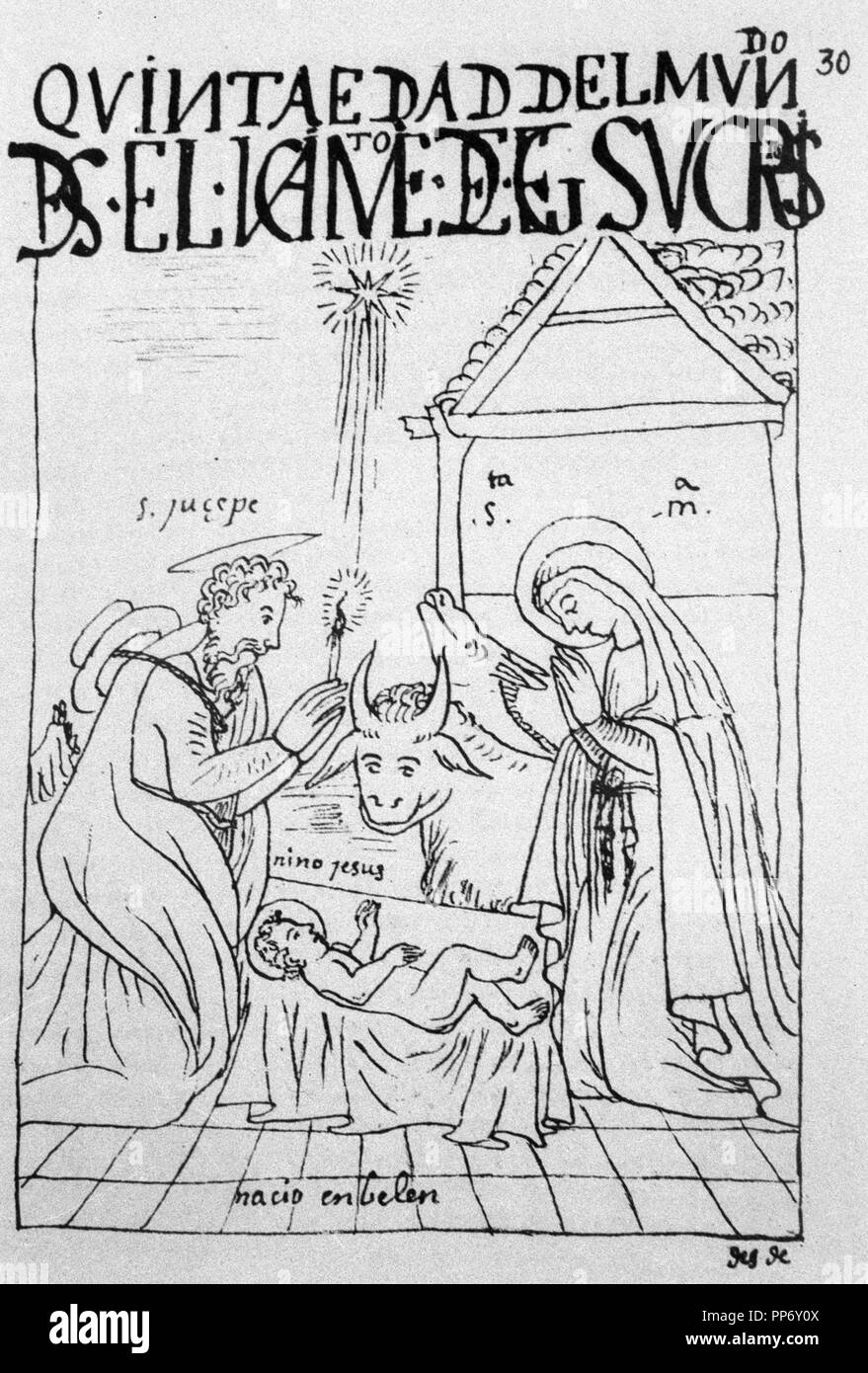 FELIPE HUAMAN Poma de Ayala. CRONISTA INDIGENA DEL VIRREINATO DEL PÉROU.1534-1615 . ILUSTRACION DE SU OBRA , ' NUEVA CRONICA y Buen Gobierno '. BIBLIOTECA DEL INSTITUTO DE COOPERACION IBEROAMERICANA. MADRID. PORTAL DE BELEN , SAN JOSE , VIRGEN MARIA Y NIÑO JÉSUS. Banque D'Images