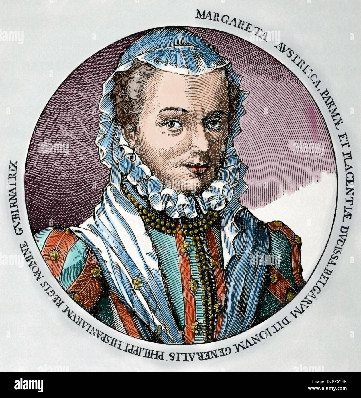 Marguerite de Parme (1522-1586). Gouverneur des Pays-Bas (1559-1567) et( 1578-1582). Fille illégitime de l'Empereur Charles V et Johanna Maria van der Gheynst, duchesse de Florence et la duchesse de Parme et Plaisance par mariage. La gravure. Historia 'universel', 1885. De couleur. Banque D'Images