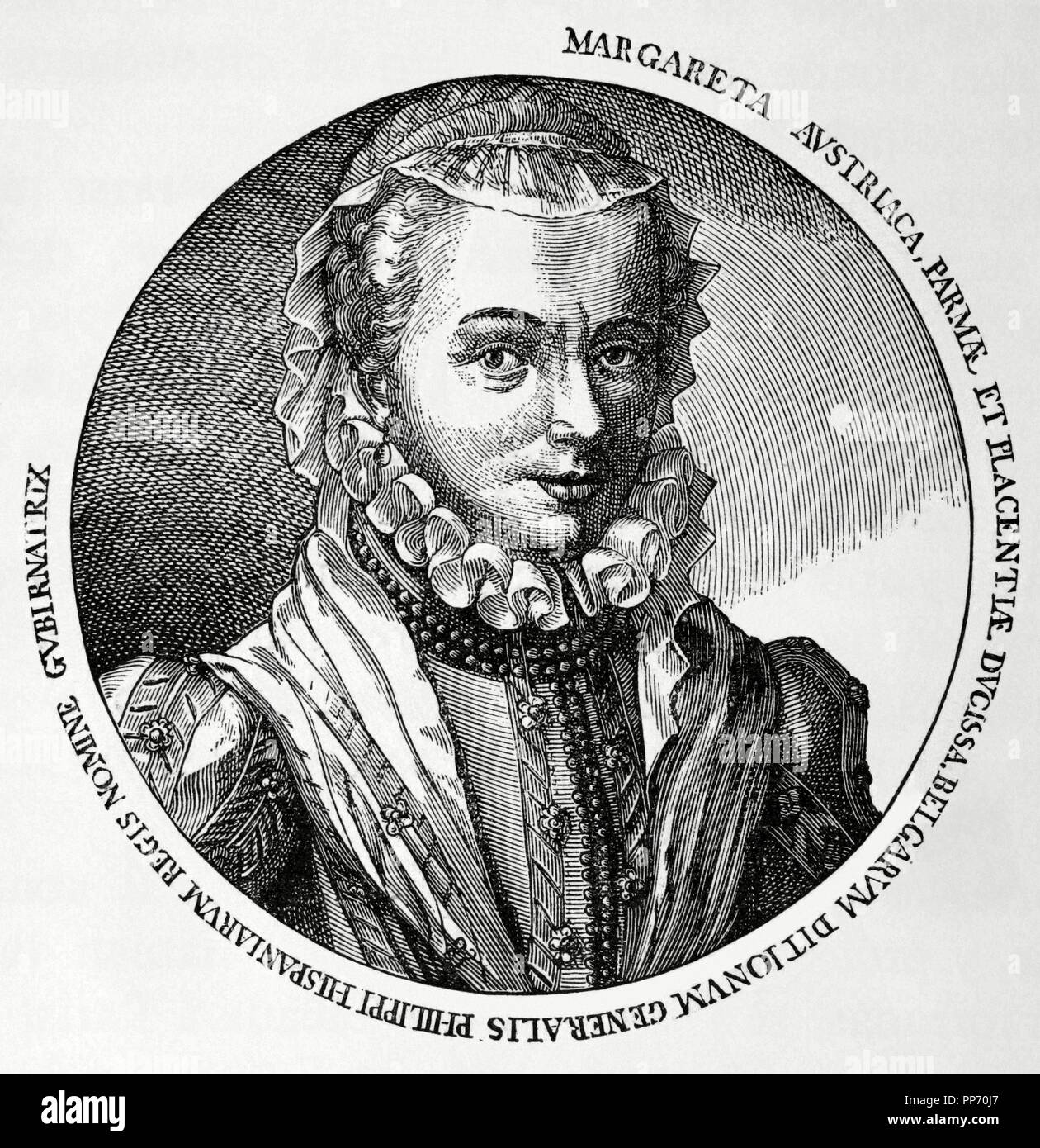 Marguerite de Parme (1522-1586). Gouverneur des Pays-Bas (1559-1567) et( 1578-1582). Fille illégitime de l'Empereur Charles V et Johanna Maria van der Gheynst, duchesse de Florence et la duchesse de Parme et Plaisance par mariage. La gravure. Historia 'universel', 1885. Banque D'Images