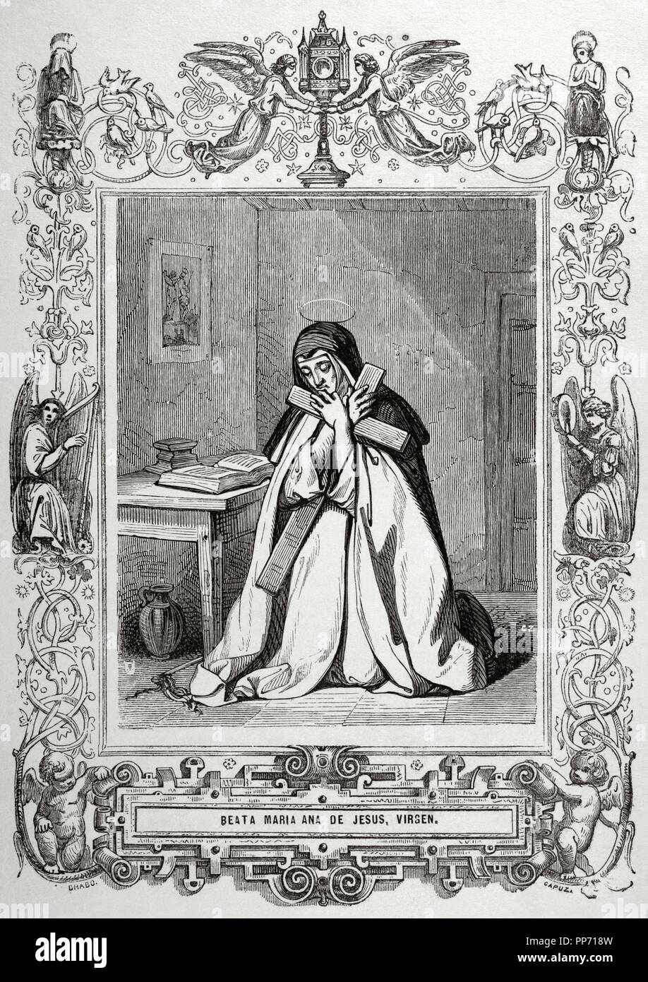 Bienheureuse Mariana de Jésus, née Ana Maria Navarro Guevara et Romero (1565-1624). L'espagnol de l'ordre de la grâce. Gravure de Capuz, 1852. Banque D'Images
