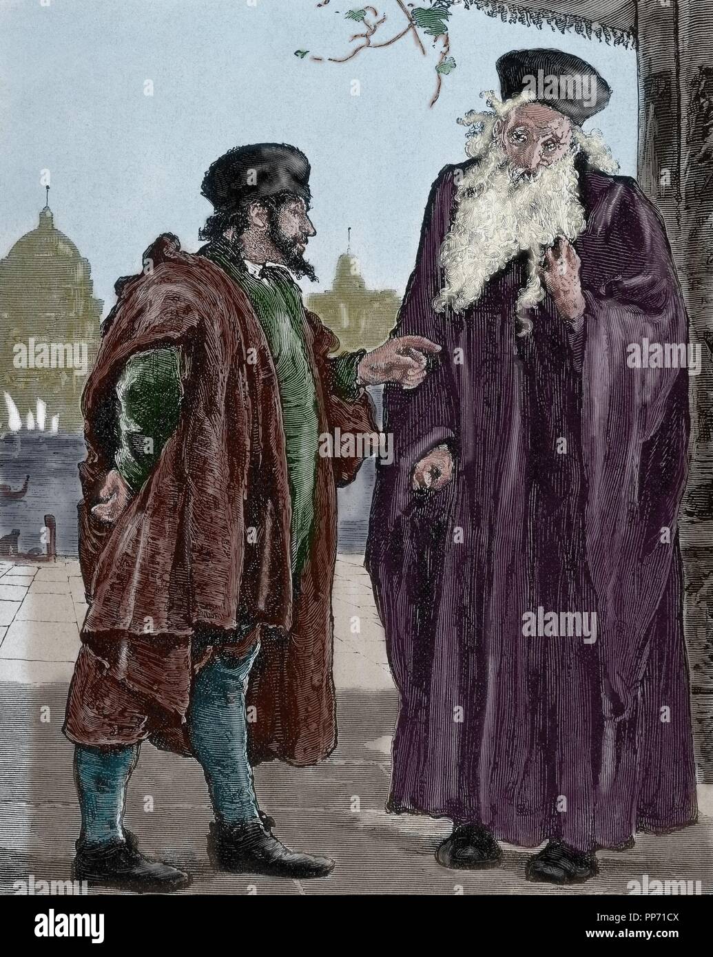 William Shakespeare (1564Ð1616). Le Marchand de Venise. Shylock et Tubal. La gravure. De couleur. Banque D'Images
