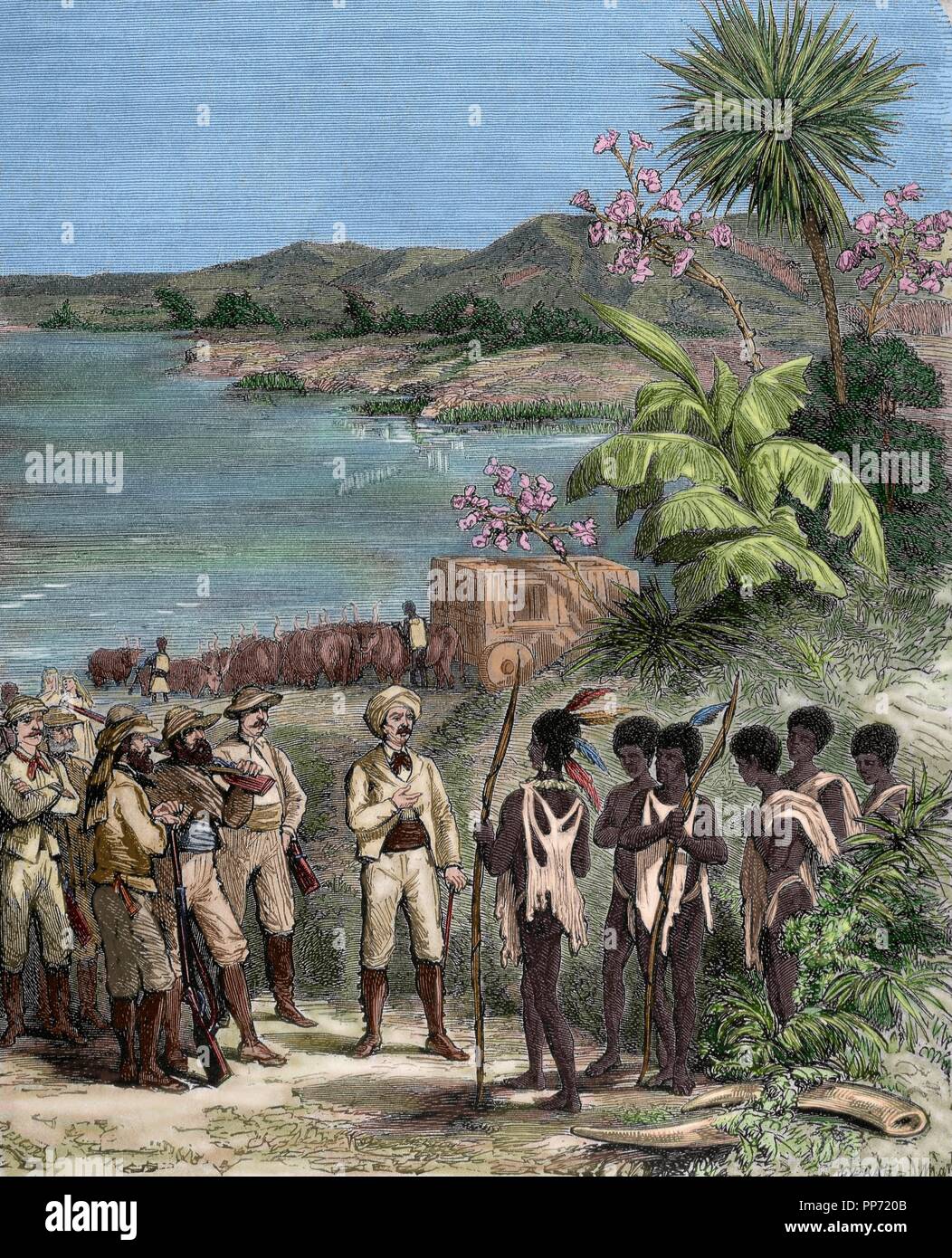 Henry Morton Stanley (1841-1904). L'explorateur britannique. David Livingstone (1813-1873). Médecin et explorateur écossais. Stanley et Livingstone sur le lac Ngami. La gravure. De couleur. Banque D'Images