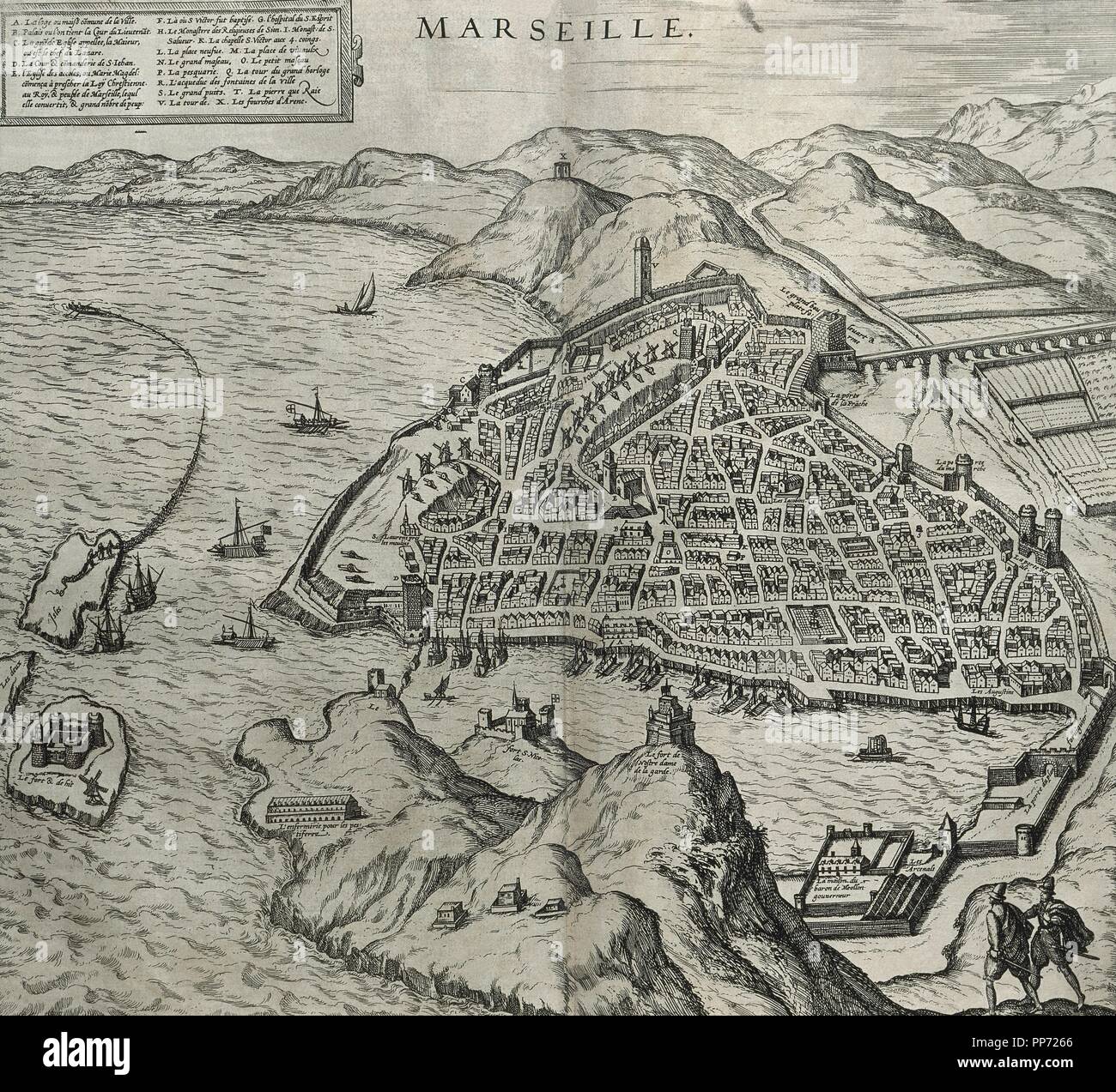 La France. Marseille en 16ème siècle. La carte. Gravure en 'Théâtre des principalles villes de tout le monde' par Georges Brun de Cologne, 1573. Banque D'Images