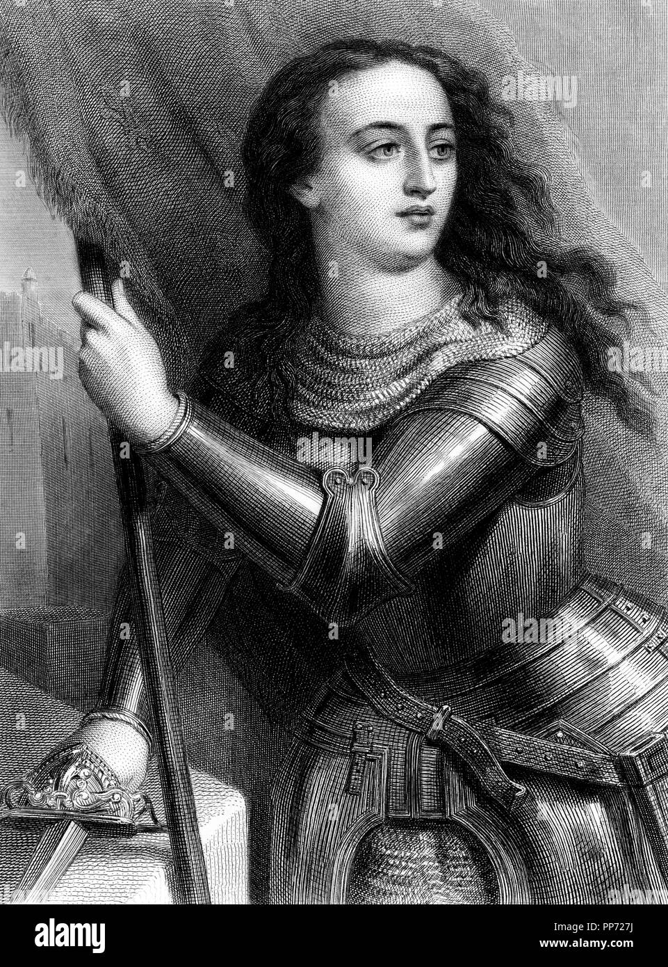 Santa Juana de Arco, la doncella de Orleans (1412-1431), heroína militar francesa. La gravure de 1873. Banque D'Images