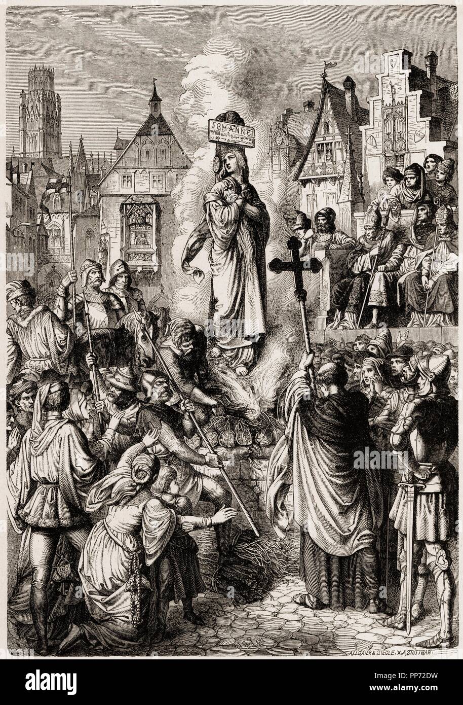 Santa Juana de Arco (1412-1431), la doncella de Orleans. Suplicio y muerte en la hoguera. La gravure de 1891. Banque D'Images