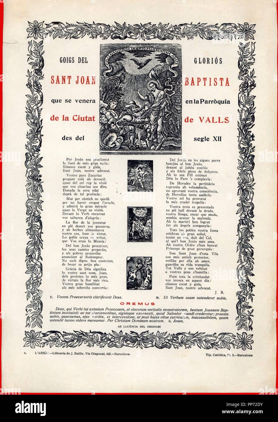 España. Catalunya. Gozos al population internaute San Juan Bautista (5 ac-28 dc). La gravure de 1950. Banque D'Images