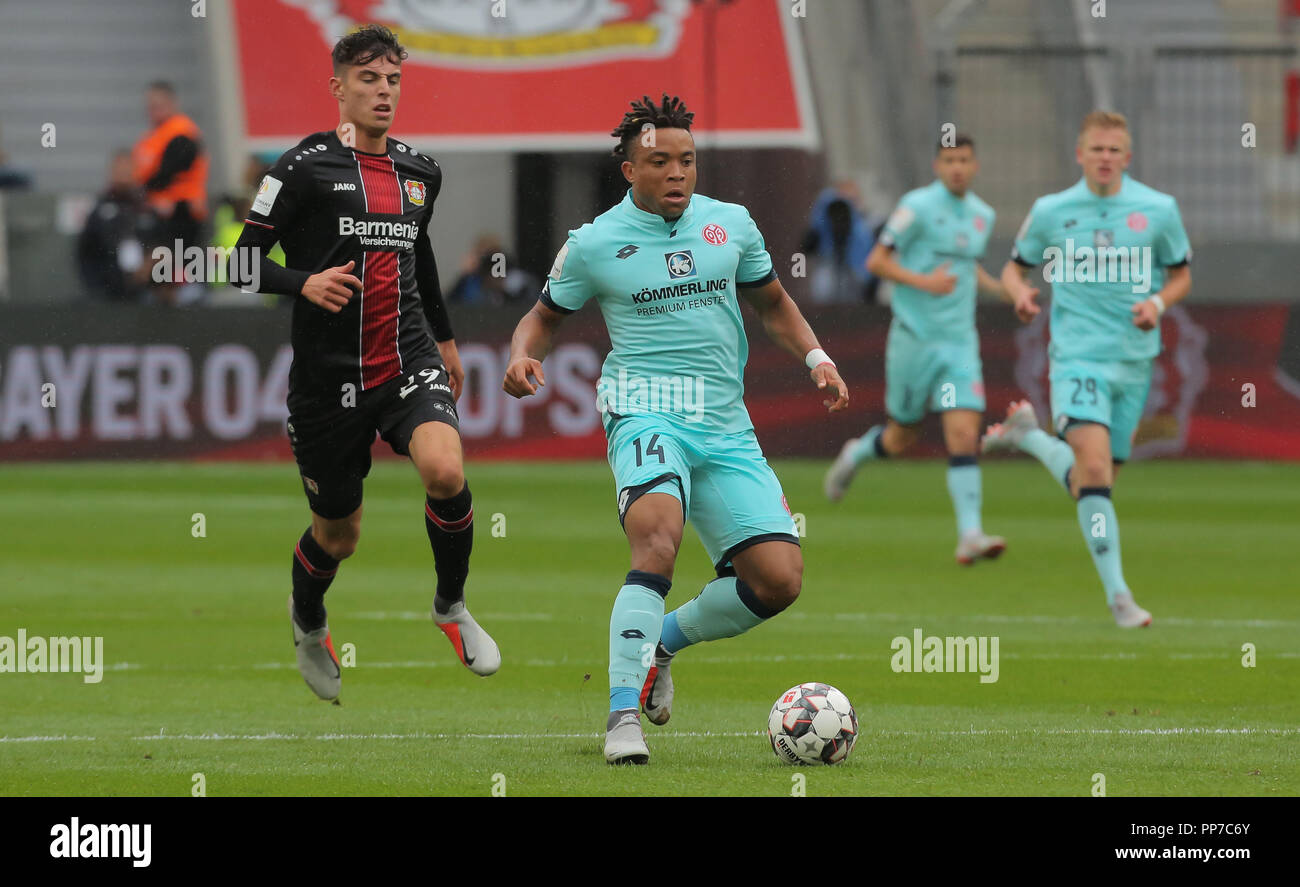 Leverkusen, Allemagne. 29Th Sep 2018. Leverkusen, Allemagne Le 23 septembre 2018, Bundesliga journée 4, Bayer 04 Leverkusen - 1. FSV Mainz 05 : Kai Havertz (B04), Pierre Kunde Malong (Mayence) en compétition. Credit : Juergen Schwarz/Alamy Live News Banque D'Images