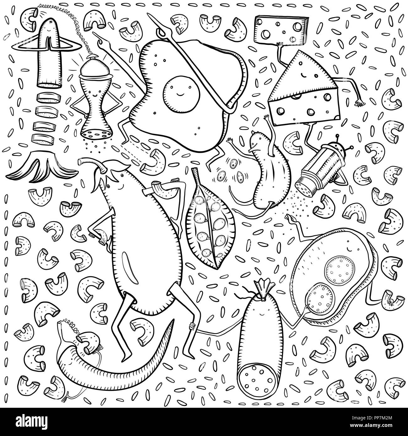 Oeufs brouillés, saucisses, fromage, aubergines, concombre, pois, sandwich, saucisses, riz, pâtes et autres doodles sur fond blanc Illustration de Vecteur