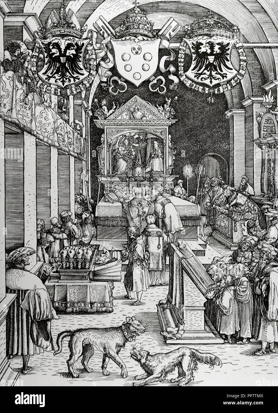 Maximilien I (1459-1519). Saint Empereur Romain. L'empereur dans une masse sur la chapelle de son palais. Copie d'une gravure sur bois par Hans Burgkmair (1472-1550). Banque D'Images