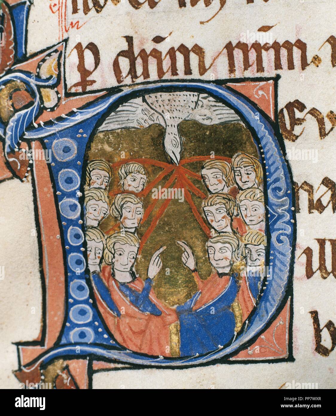 Initiale historiée. La Pentecôte. Épiscopale sacramentelle de l'Elna. 13e siècle. Groupes minuscules. Folio 60, détail. Cathédrale d'Elne scriptorium (1275-1300). Parchemin manuscrit. Musée épiscopal de Vic, Catalogne, province de Barcelone, Espagne. Banque D'Images