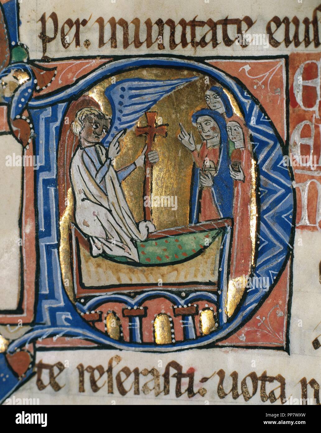 Initiale historiée. Les trois Marie devant le tombeau de Jésus à côté d'un ange. Épiscopale sacramentelle d'Elna. 13e siècle. Groupes minuscules. Folio 45, détail. Cathédrale d'Elne scriptorium (1275-1300). Parchemin manuscrit. Musée épiscopal de Vic, Catalogne, province de Barcelone, Espagne. Banque D'Images