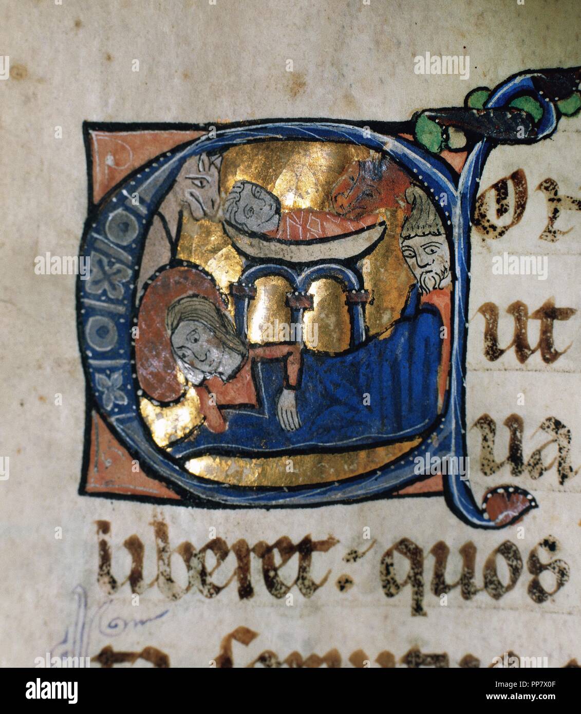 Initiale historiée. La naissance de Jésus. Épiscopale sacramentelle de l'Elna. 13e siècle. Groupes minuscules. Folio 5, détail. Cathédrale d'Elne scriptorium (1275-1300). Parchemin manuscrit. Musée épiscopal de Vic, Catalogne, province de Barcelone, Espagne. Banque D'Images