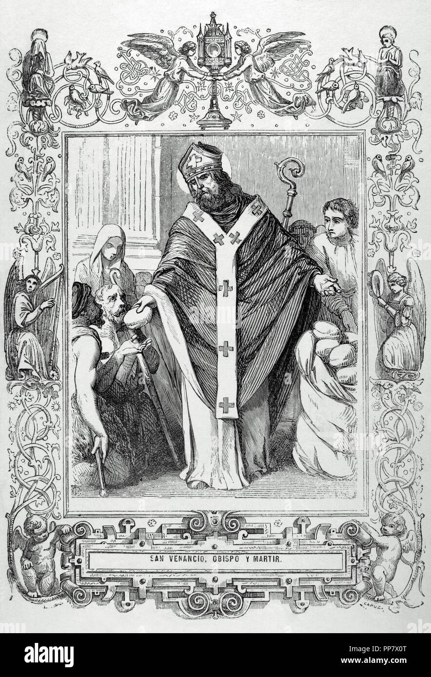 Saint Venancio. Évêque de Tolède. Il est mort en martyr en Pannonie autour de 603. Le Saint du pain à donner faim. Gravure de Rico, 1852. Banque D'Images