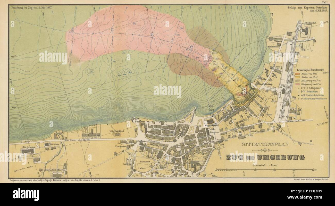 Libre à partir de la page 71 de 'Die von Zug, catastrophe 5. Juli, 1887. Gutachten der Experton . A. Heim, . R. Moser, . A. Bürkli-Ziegler. Geschichtliche Notizen von A. Wickart . Auszug aus dem die le Protocole 0098. Banque D'Images