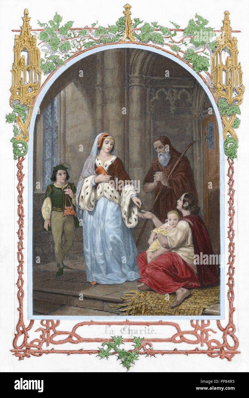 Saint Jane Frances de Chantal (1572-1641). Fondateur de l'ordre de la Visitation de la Sainte Vierge Marie. Saint Jane l'aumône à une famille dans le besoin. Gravure en couleur. 19e siècle. Banque D'Images