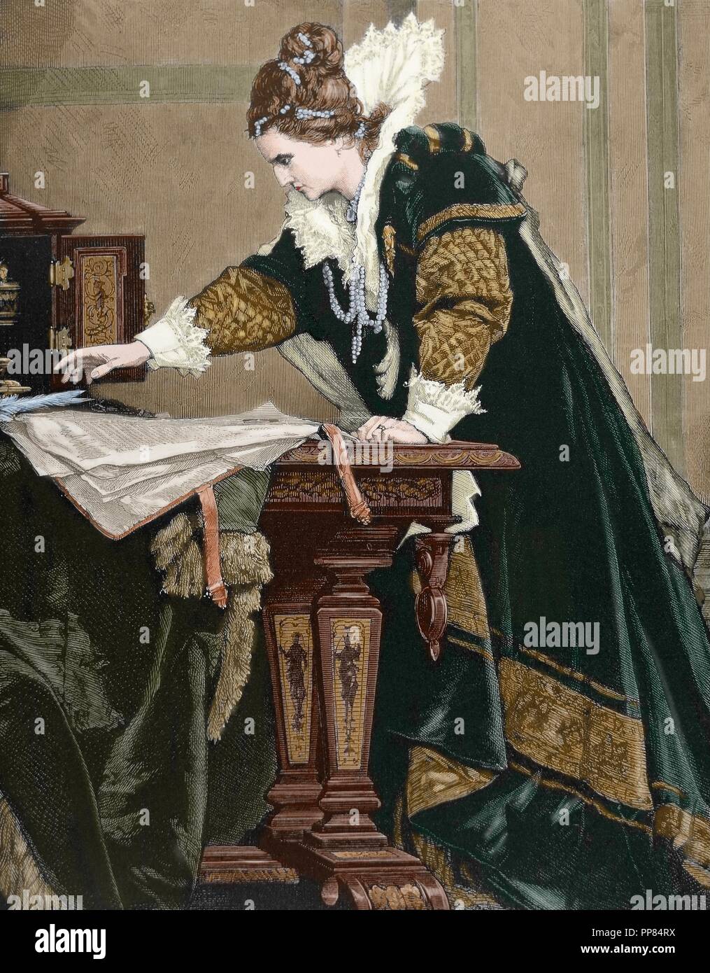 (Elizabeth I), Reine de Maalouf l'Angleterre et l'Irlande décrète la mort de Marie Stuart, reine d'Écosse. Gravure de Thiele. De couleur. Banque D'Images