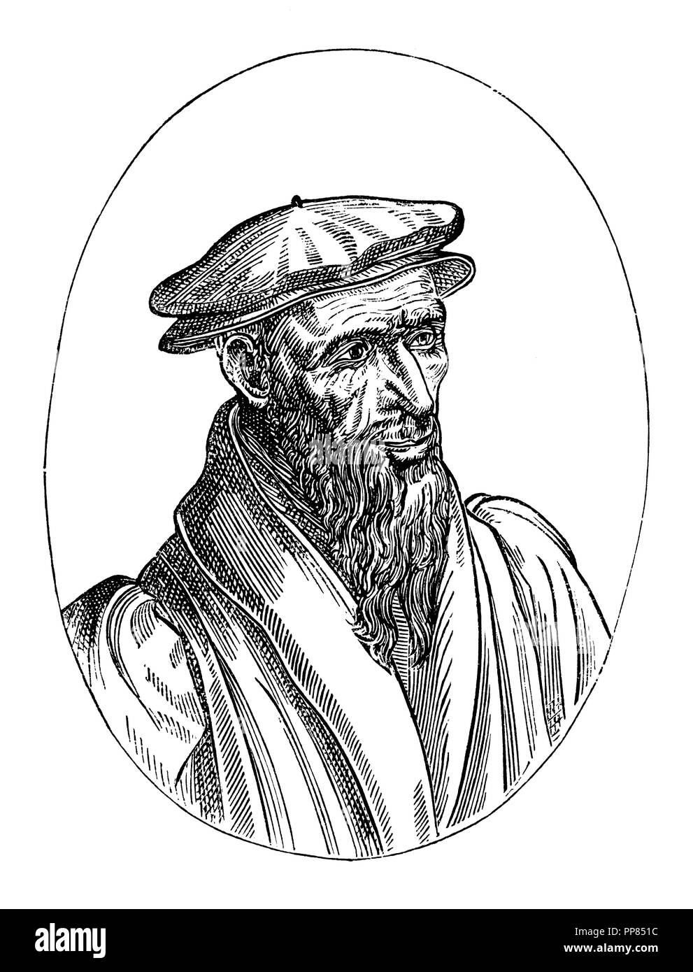 Guillaume Farel (1489-1565), de la religión predicador reformista. Gravure del siglo XVI. Facsímil de 1877. Banque D'Images
