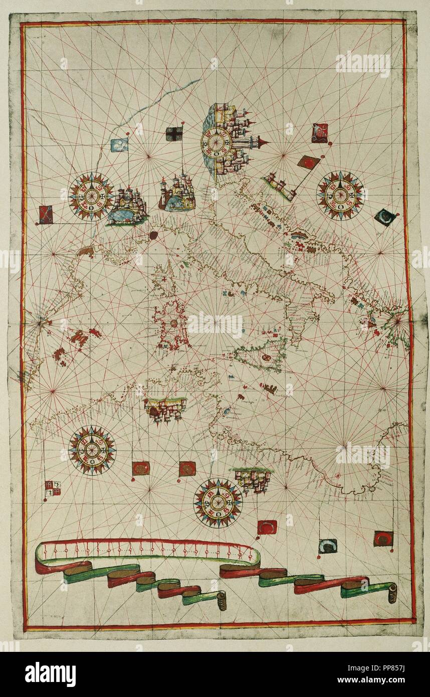Portolan atlas du monde par Joan Martines (1556-1590). Messine, 1587. Méditerranée occidentale. Bibliothèque nationale. Madrid. L'Espagne. Banque D'Images