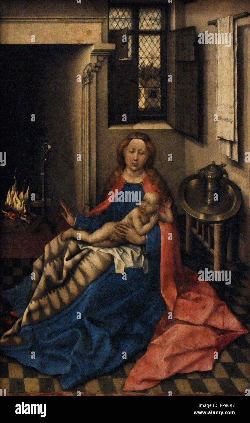 Robert Campin (ch. 1375- 1444). Identifié comme le maître de Flemalle. Peintre flamand. La Vierge et l'enfant par une cheminée (aile droite d'un diptyque), années 1430. Huile sur panneau. Le Musée de l'Ermitage. Saint Petersburg. La Russie. Banque D'Images