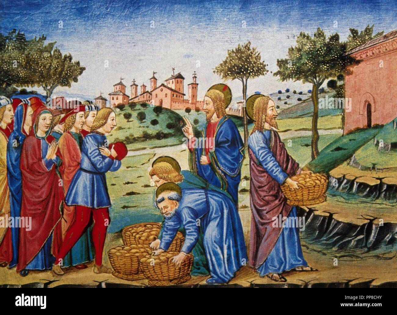 Cristofor de Premis (1440-1486). Miniaturiste italien. Nourrir la multitude. Les miracles de Jésus. Le Codex de Predis. (1476). Bibliothèque royale. Turin. L'Italie. Banque D'Images
