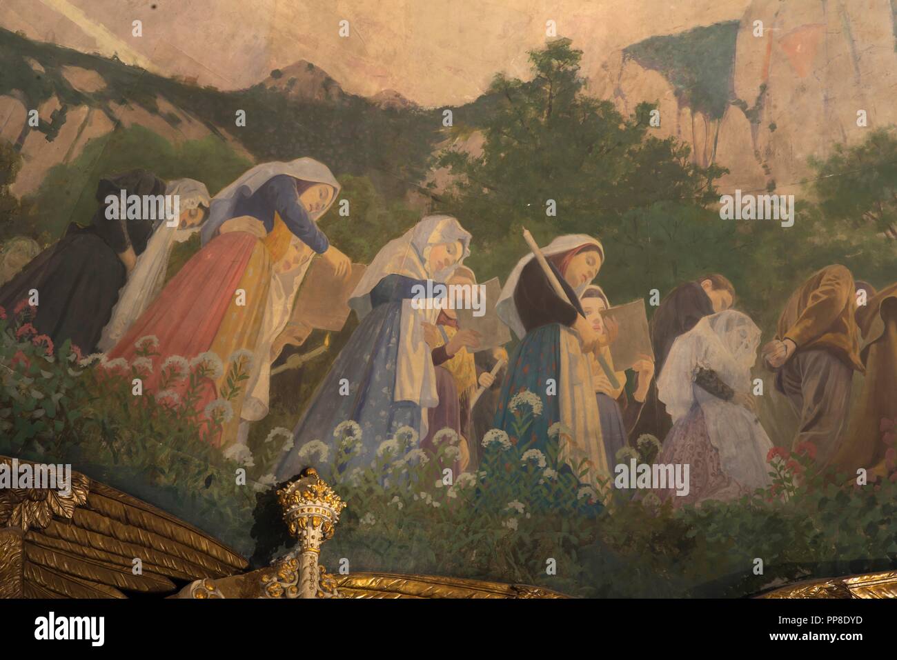 Detalle del Apoteosis de la Virgen, 1896-1898. Pintura murale de la cúpula del cambril de la Virgen. Monasterio de Montserrat. Cataluña. Auteur : LLIMONA, JOAN. Banque D'Images