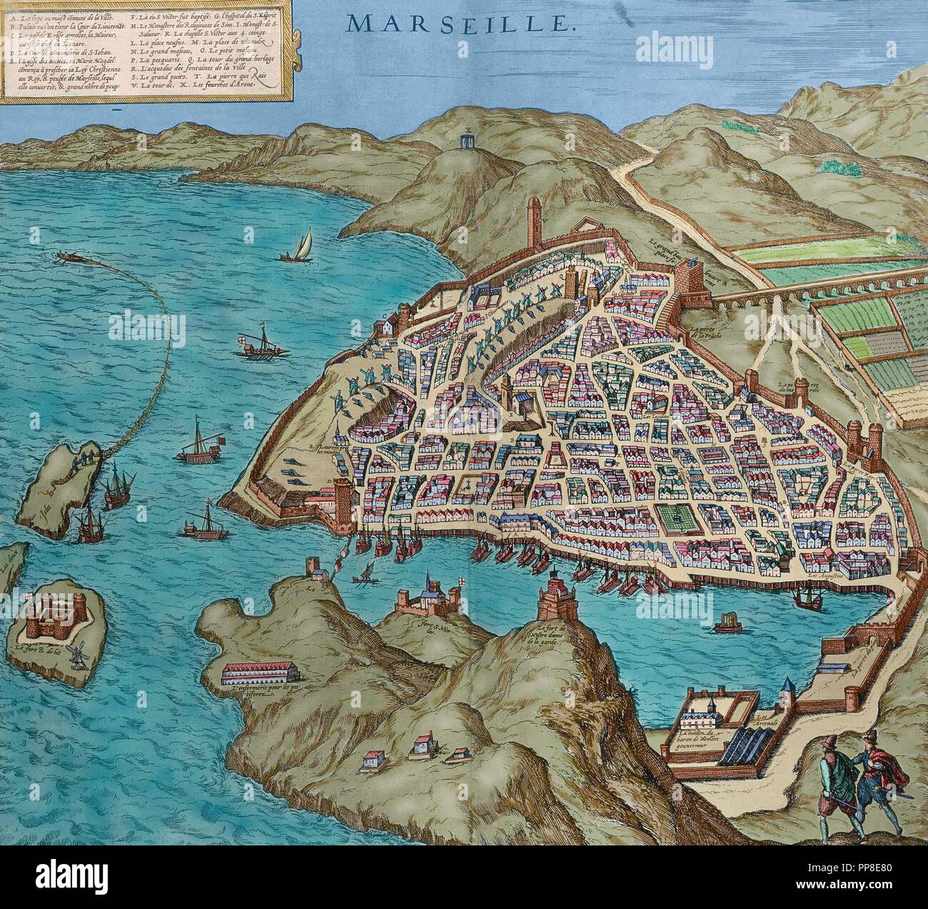 La France. Marseille en 16ème siècle. La carte. Gravure en 'Théâtre des principalles villes de tout le monde' par Georges Brun de Cologne, 1573. De couleur. Banque D'Images