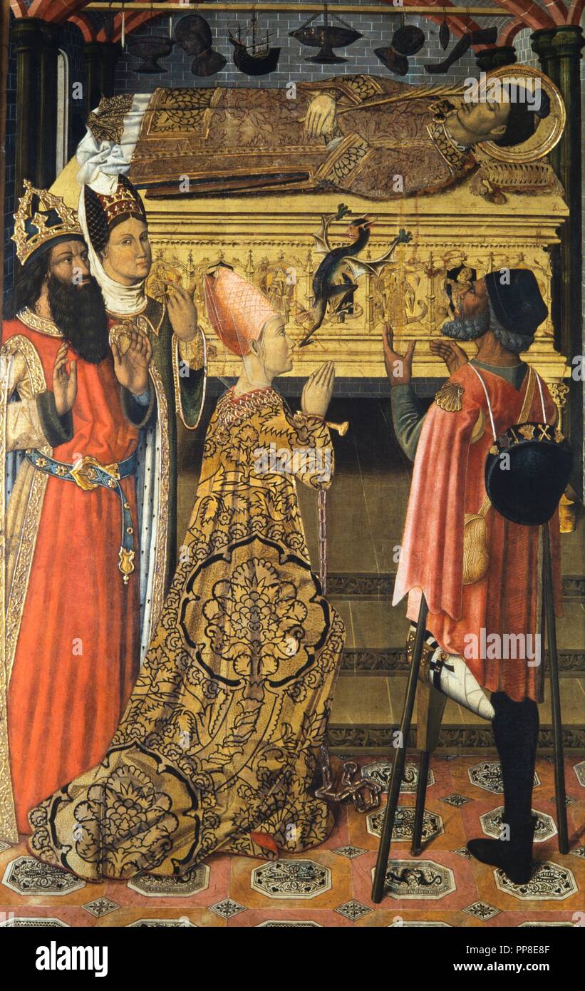 La princesse Eudoxia devant le tombeau de Saint Stephen. Habitacle par le retable de Sant Esteve de Granollers, 1495-1500. Tempera, reliefs en stuc et feuille d'or sur bois. 192,3 x 114,2 x 6,5 cm. Le retable provient de l'autel de l'église paroissiale de Sant Esteve de Granollers (Vallès Oriental). Museu Nacional d'Art de Catalunya. Barcelone. Auteur : VERGOS, PLUS GRAND. Banque D'Images