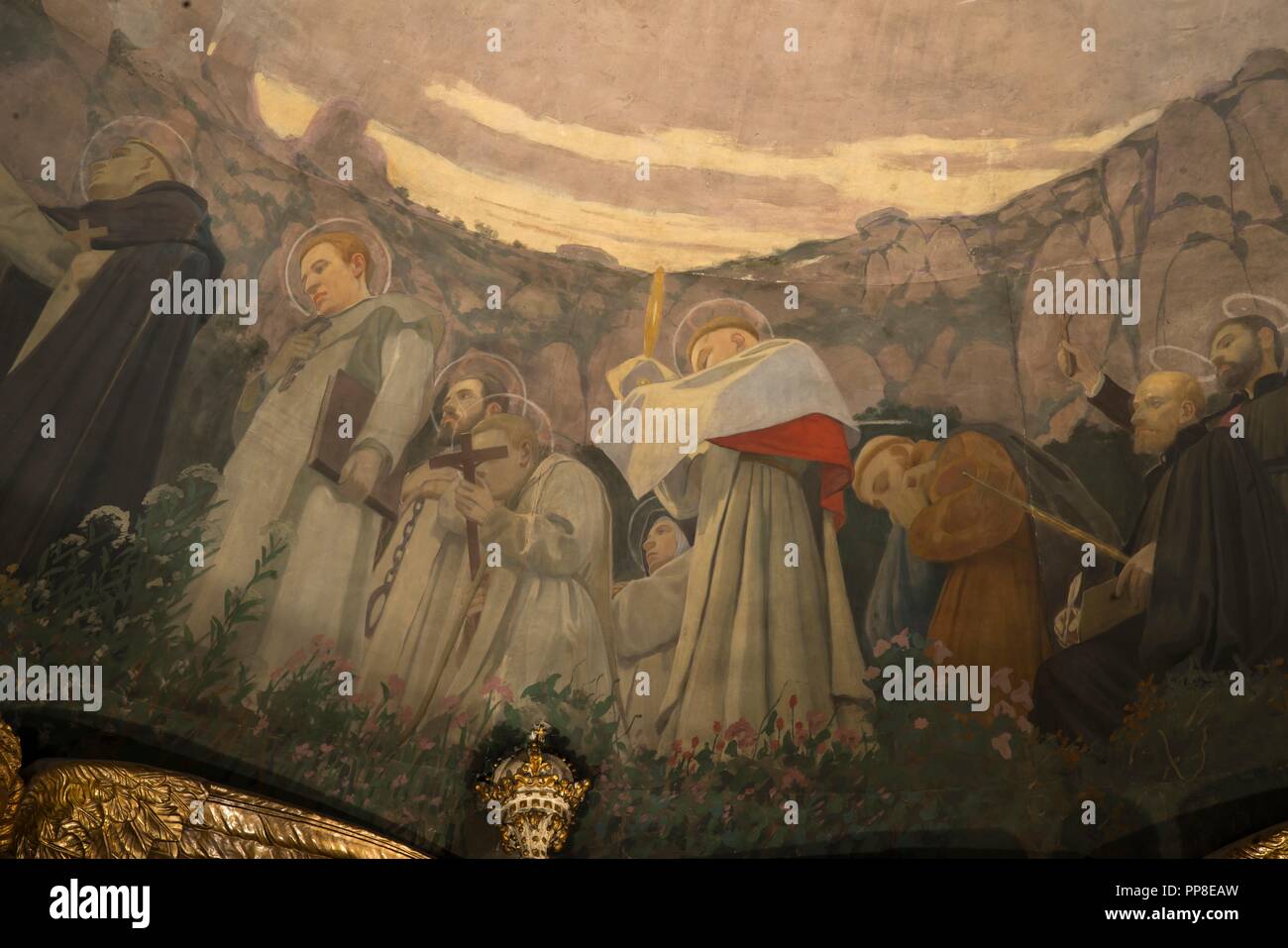 Detalle del Apoteosis de la Virgen, 1896-1898. Pintura murale de la cúpula del cambril de la Virgen. Monasterio de Montserrat. Cataluña. Auteur : LLIMONA, JOAN. Banque D'Images