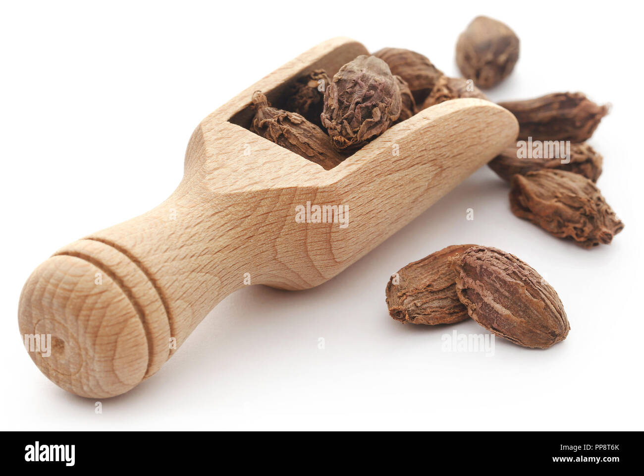 Cardamome noire dans un scoop en bois sur fond blanc Banque D'Images
